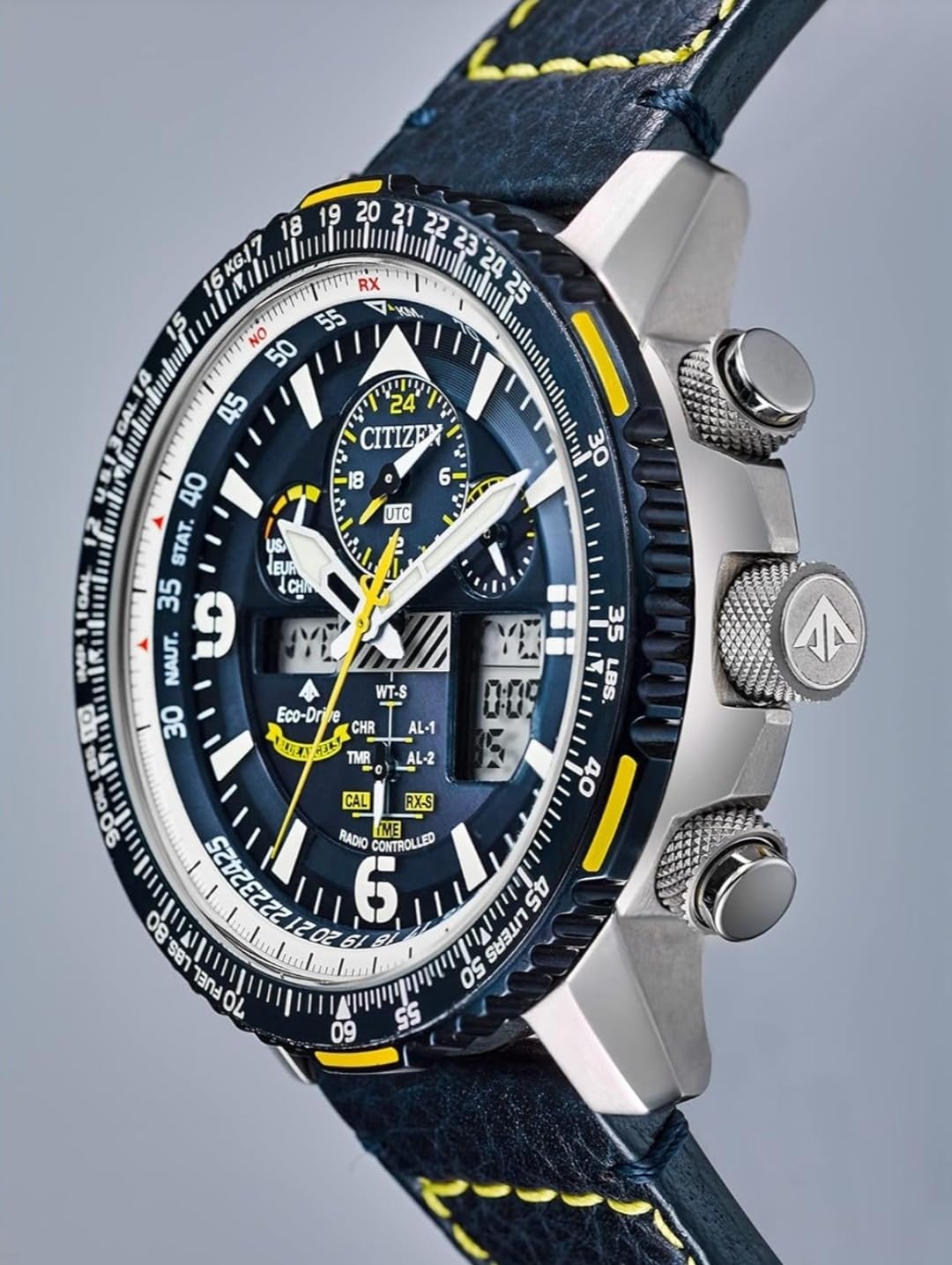 Men's Eco-Drive Promaster Air Skyhawk Atomic Time Keeping Pilot Watch in Stainless Steel with Blue Leather Strap, Blue Dial (Model: JY8078-01L) customer photo 2