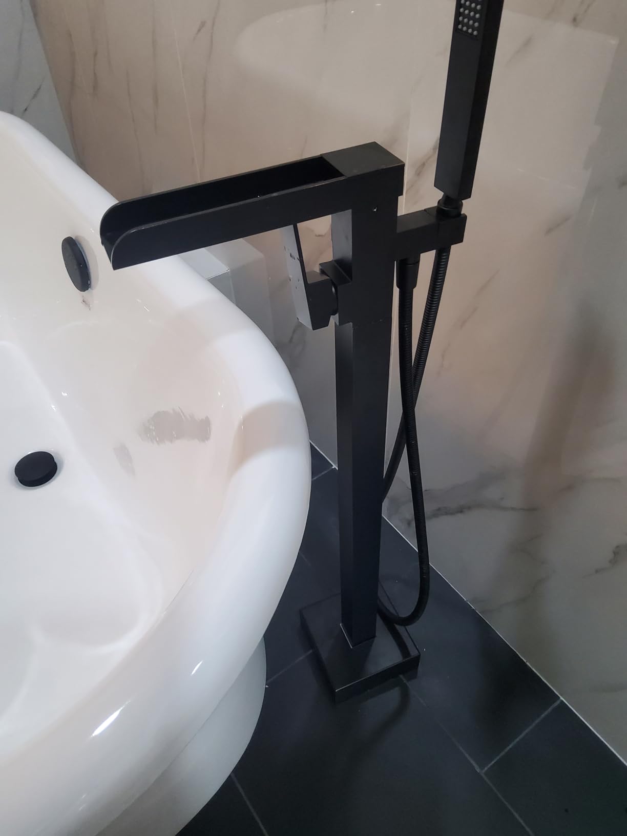 Wowkk Waterfall Tub Filler Freestanding Bathtub Faucet Black Floor Mount Brass Single Handle Bathroom Faucets with Hand Shower customer photo 1