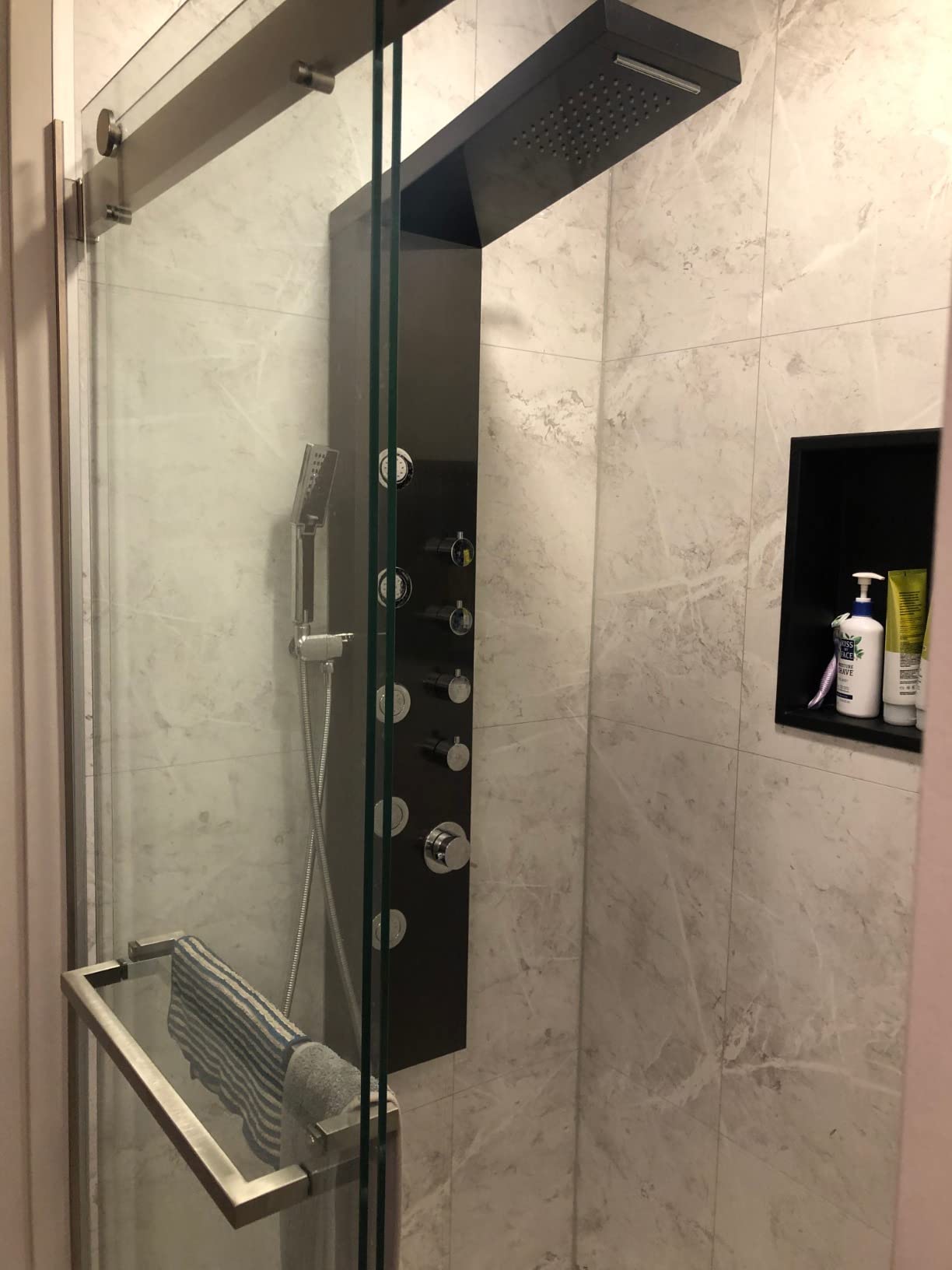 ROVOGO Shower Panel Tower with Rainfall Waterfall Shower Head, 5 Body Jets and 3-Function Handheld, High Pressure Rain Massage System, Wall-Mount Shower Column, Stainless Steel Brushed customer photo 2
