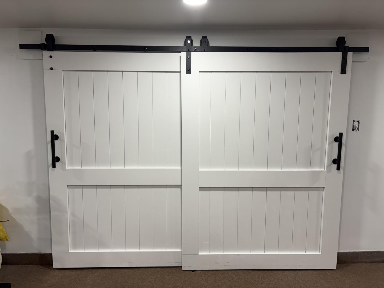 SMARTSTANDARD 8 Feet Bypass Sliding Barn Door Hardware Kit - for Double Wooden Doors-Single Track - Smoothly & Quietly - Easy to Install-Fit 84