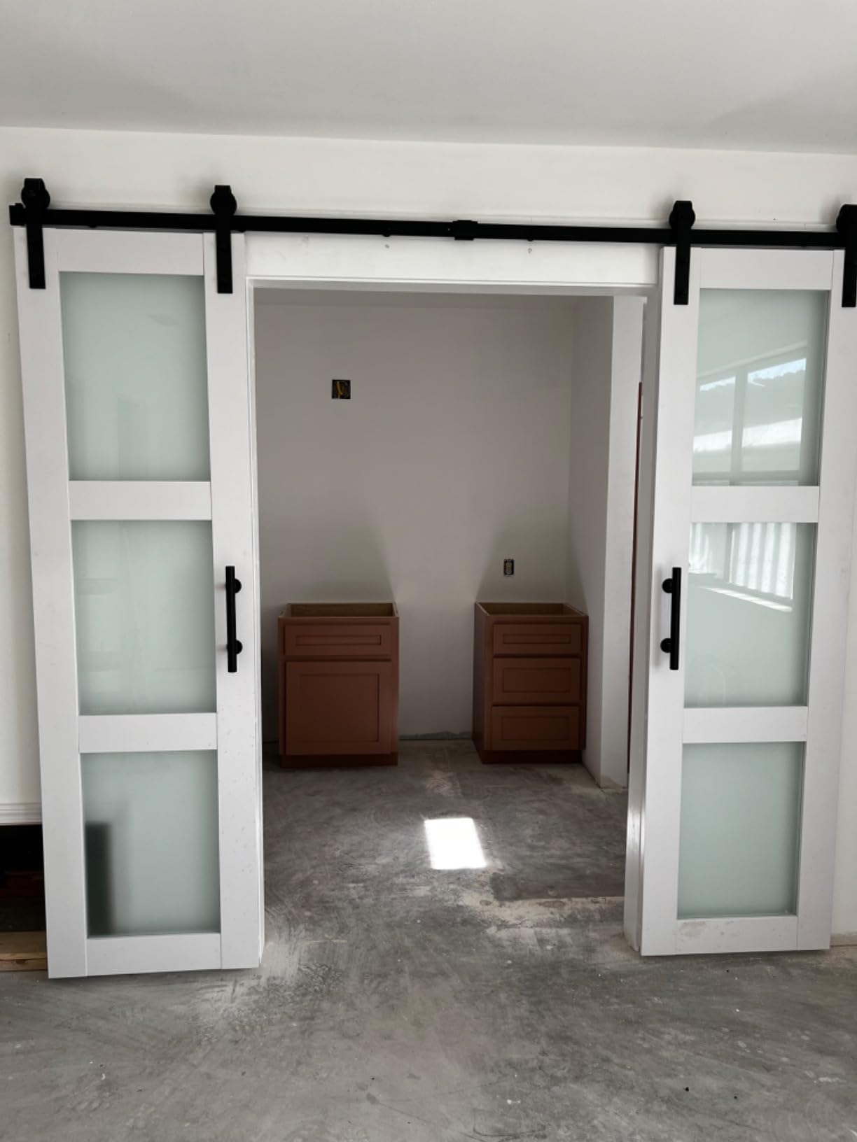 SMARTSTANDARD 8 Feet Bypass Sliding Barn Door Hardware Kit - for Double Wooden Doors-Single Track - Smoothly & Quietly - Easy to Install-Fit 84