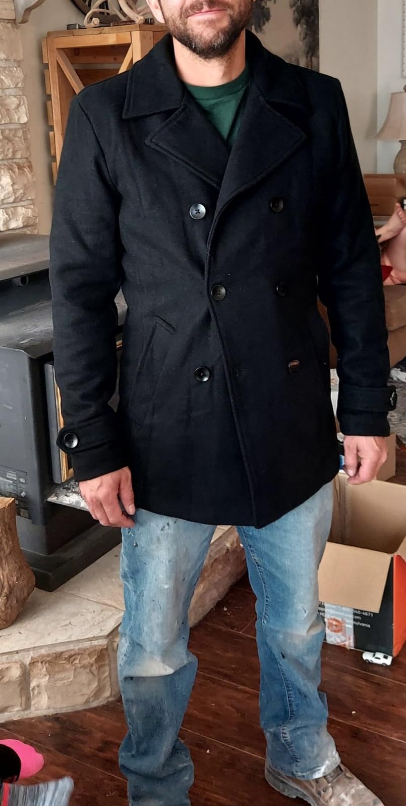 ThCreasa Mens Classic Double Breasted Pea Coat Wool Blend Quilted Lined Notched Collar Overcoat Trench Coat customer photo 1