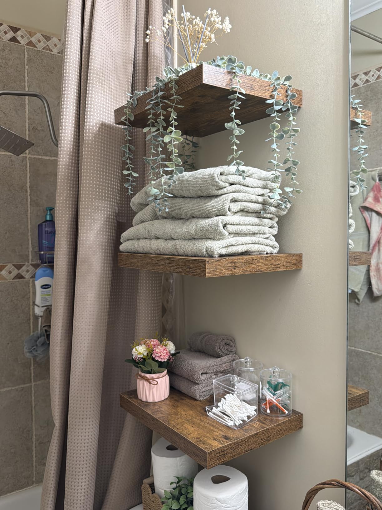 QEEIG Floating Shelves for Wall Bathroom Shelf Bedroom Kitchen Living Room Hanging Book Shelves Small Farmhouse Decor 16 inch Set of 3, Rustic Brown (015-BN3) customer photo 1
