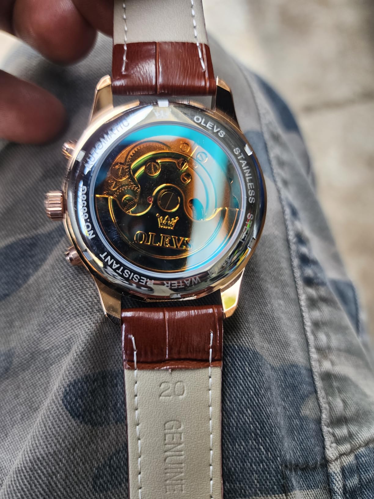 OLEVS Men Skeleton Watch Automatic Mechanical Dress Casual Brown Black Leather Moon Phase Luminous Waterproof Wrist Watches customer photo 1