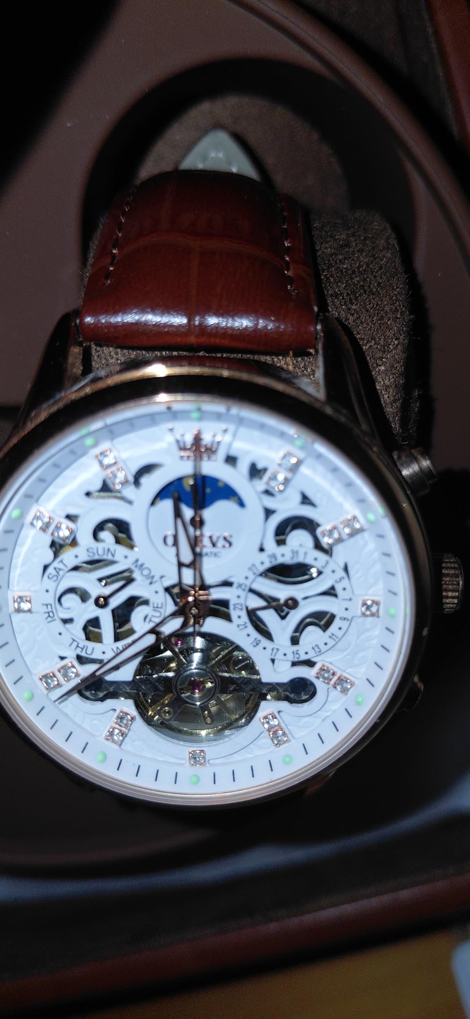 OLEVS Men Skeleton Watch Automatic Mechanical Dress Casual Brown Black Leather Moon Phase Luminous Waterproof Wrist Watches customer photo 2