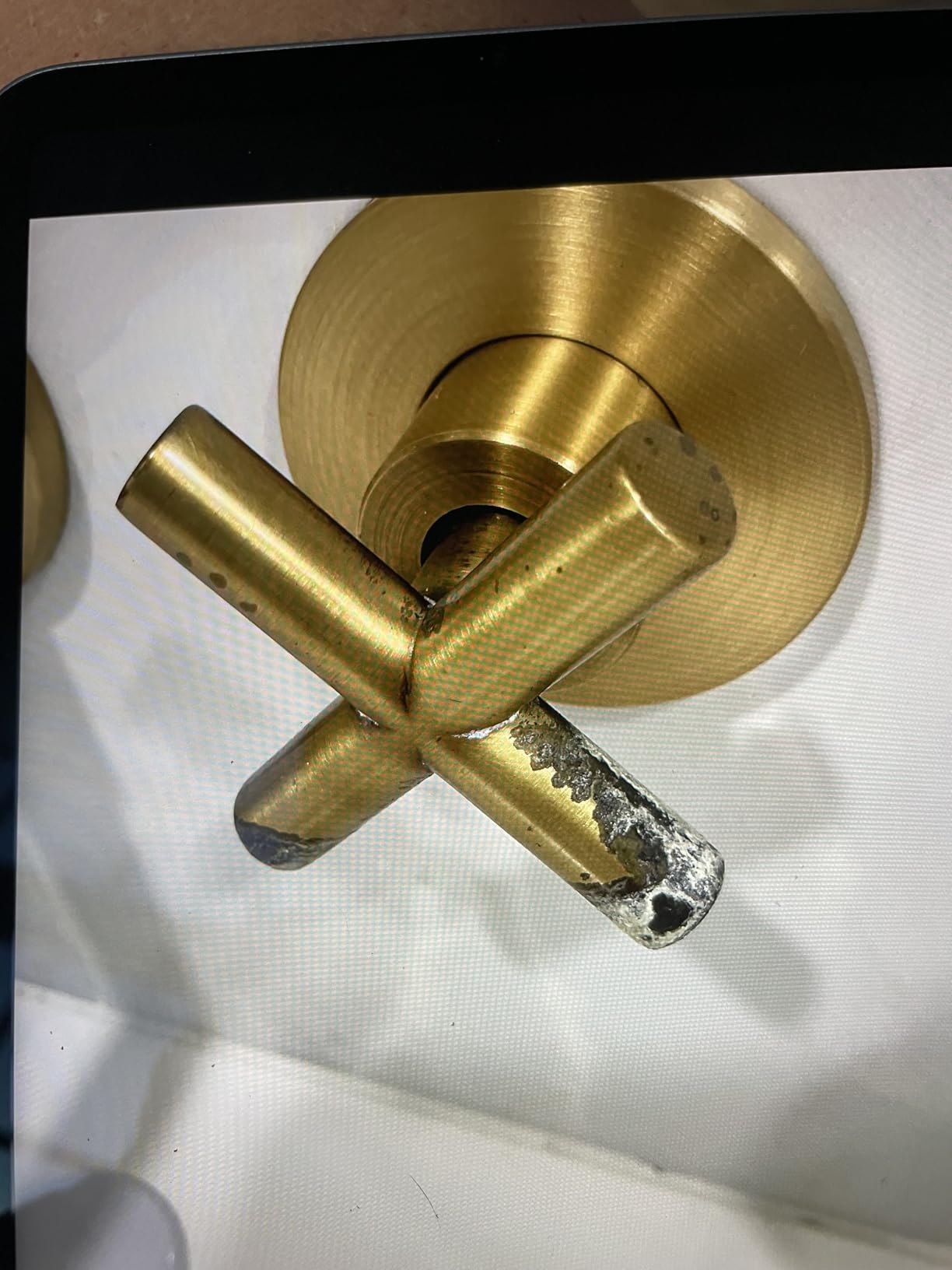 Airuida Solid Brass Brushed Gold Wall Mount Bathroom Faucet | 360° Swivel Spout, Rough in Valve, 2 Cross Handle, 3 Hole, Widespread customer photo 1