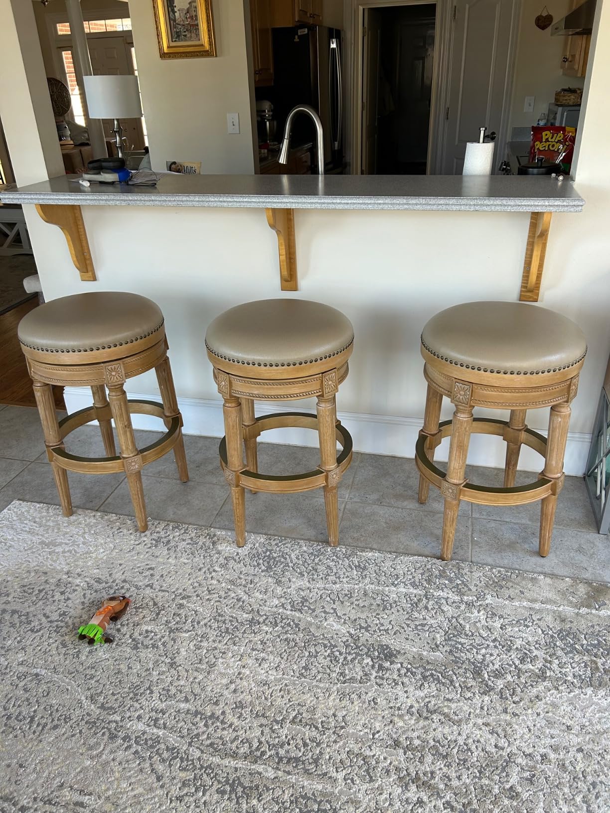 Maven Lane Pullman Backless Bar Stool 31 Inches - Set of 4 - Swivel Stools with Footrest - Dark Brown Solid Wood Frame & Brown Faux Leather Upholstery - Perfect for Bars, Pubs & Tall Kitchen Counters customer photo 2