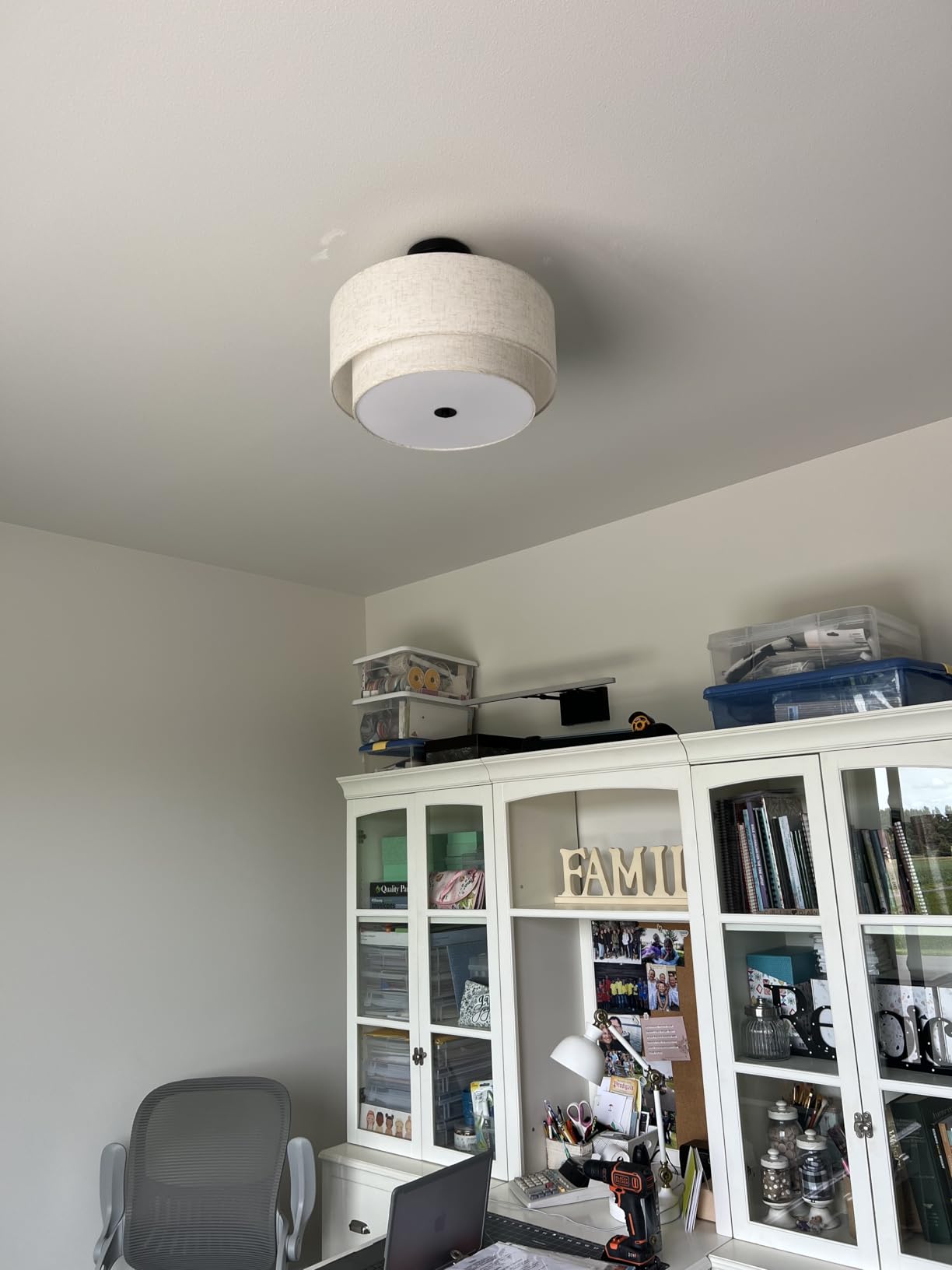 Semi Flush Mount Ceiling Light Fixture - Black Ceiling Light with Double Drum Linen Fabric Shade, Chandelier Ceiling Light for Bedroom Living Room Hallway Entryway (1-White Double Layered-12.6 inch) customer photo 2