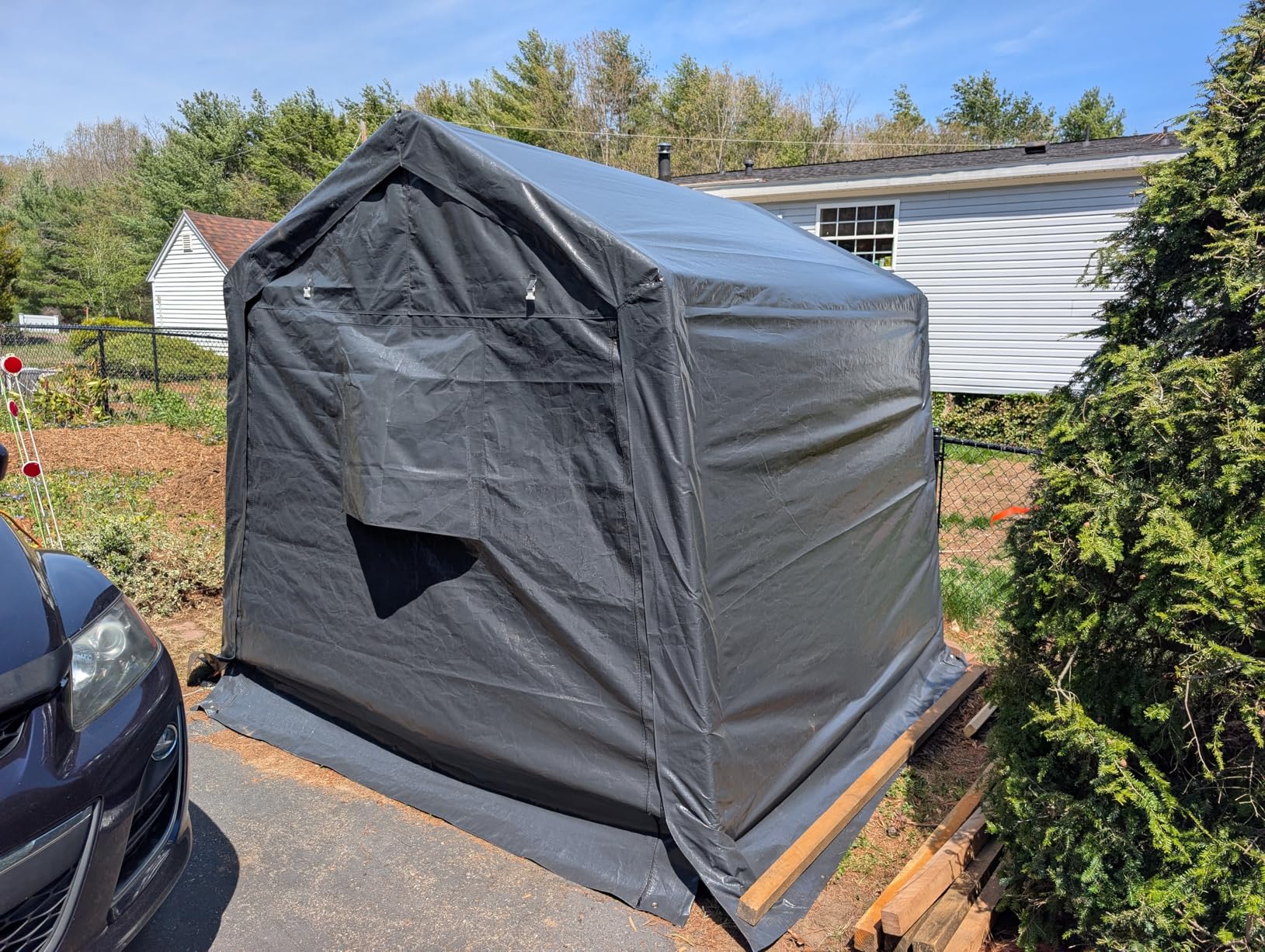 8x14 ft Steel Metal Peak Roof Portable Garage Shelter Storage Shed Carport for Motorcycle, Bike or Garden Tools with 2 Roll up Doors & Vents, Beige customer photo 1