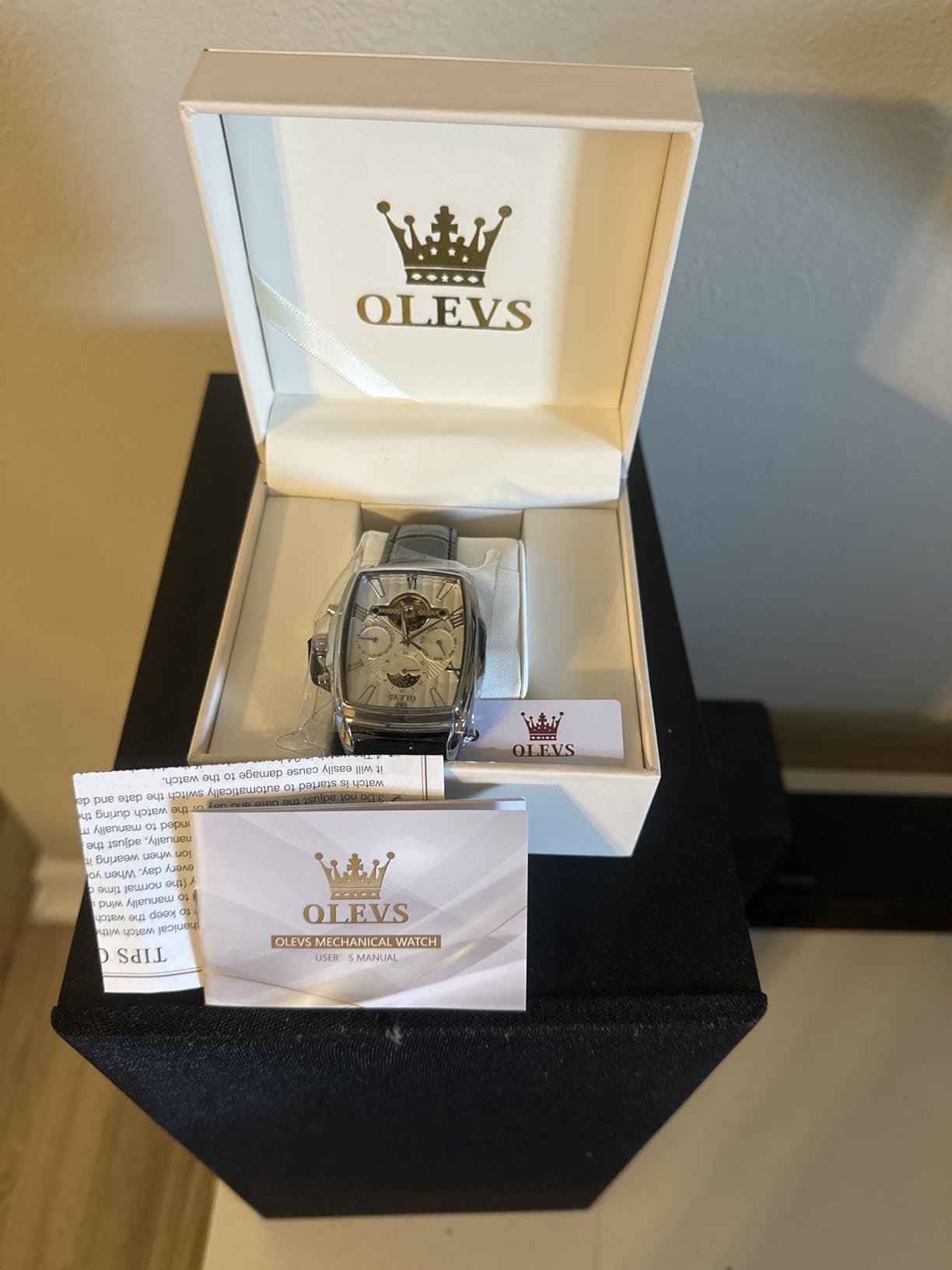 OLEVS Mechanical Dress Mens Watches Square Brown Leather Strap Moon Phase Skeleton Tourbillion Day Date Waterproof Luminous Men's Wrist Watches customer photo 2