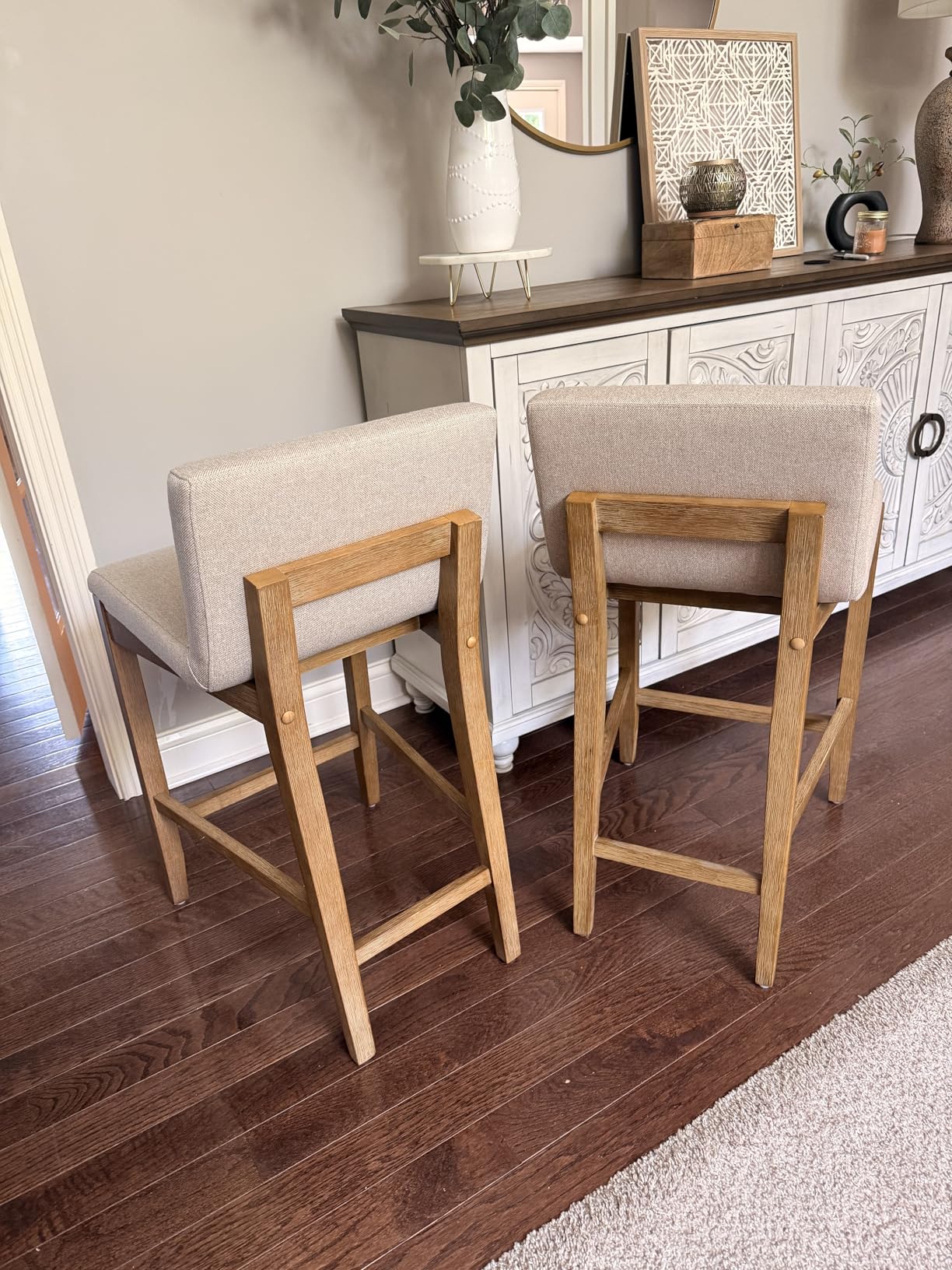 Nathan James Gracie Modern Counter Height Bar Stool with Back, Counter Stool Upholstered Chair with Natural Textured Linen and Brushed Wooden Legs, Cream Boucle/Dark Brown, Set of 4 customer photo 1