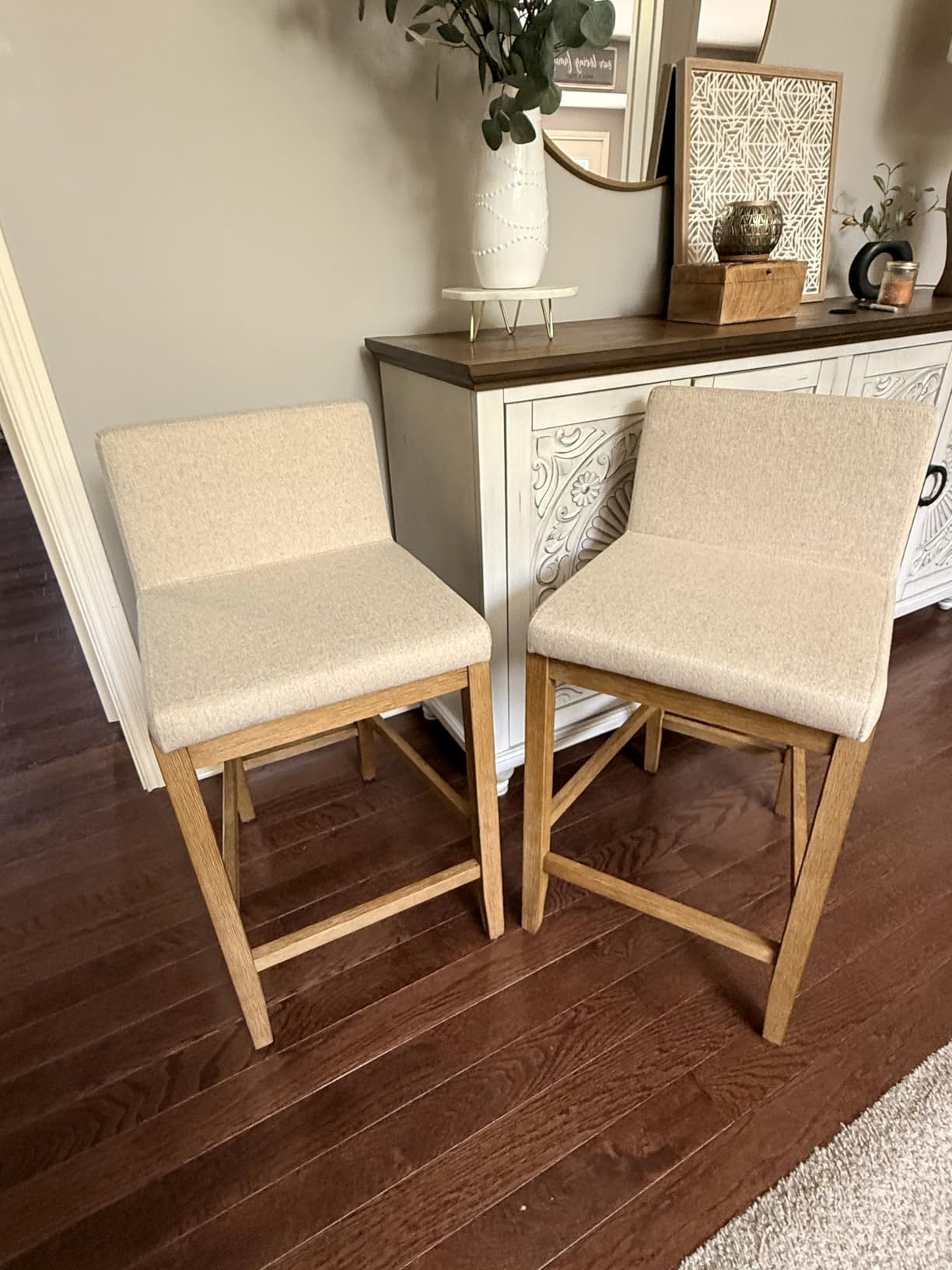 Nathan James Gracie Modern Counter Height Bar Stool with Back, Counter Stool Upholstered Chair with Natural Textured Linen and Brushed Wooden Legs, Cream Boucle/Dark Brown, Set of 4 customer photo 2