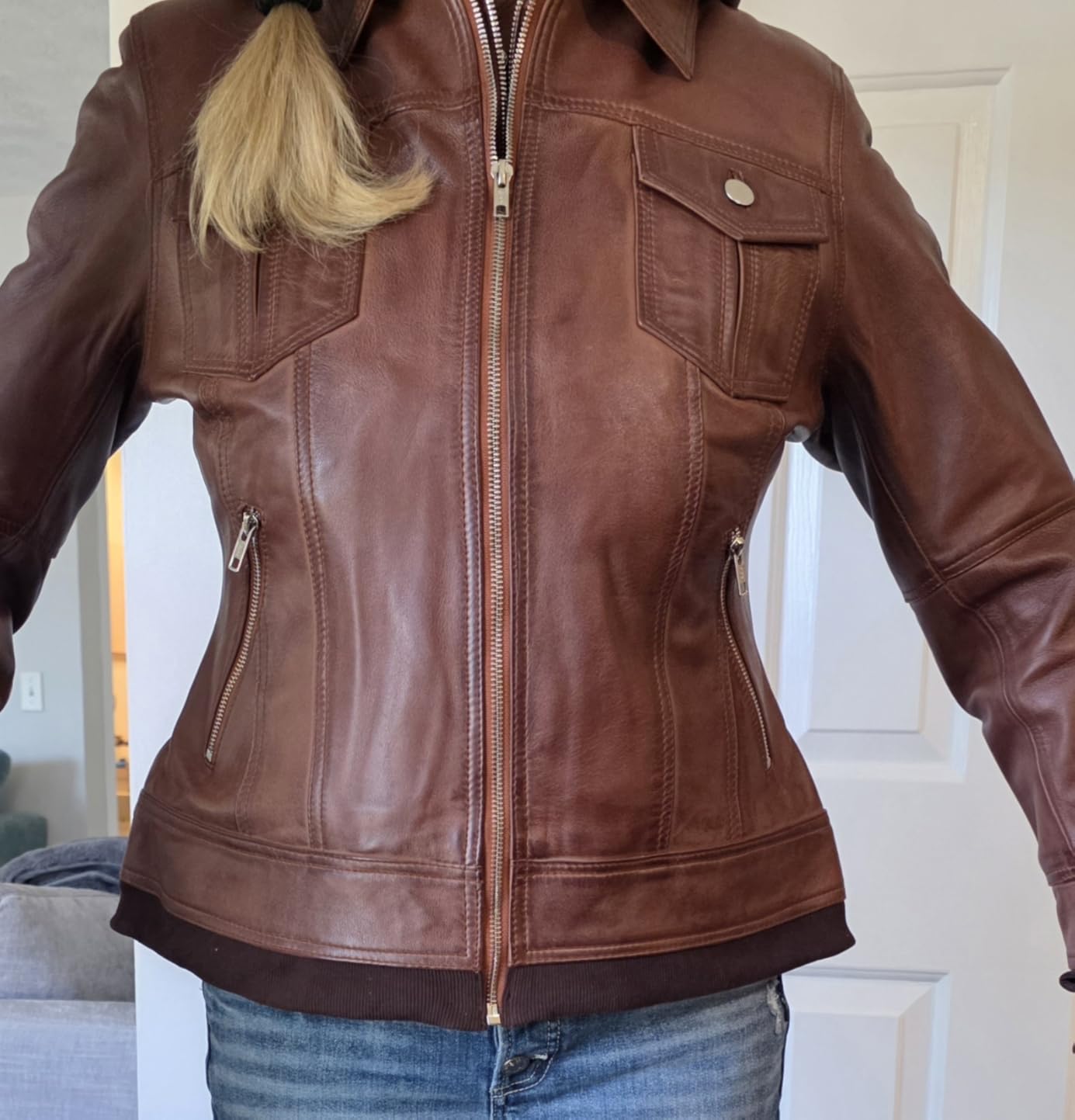 Detachable Hood Women's Leather Jacket - Real Lambskin Hooded Leather Bomber Jackets for Women, Regular Fit customer photo 2