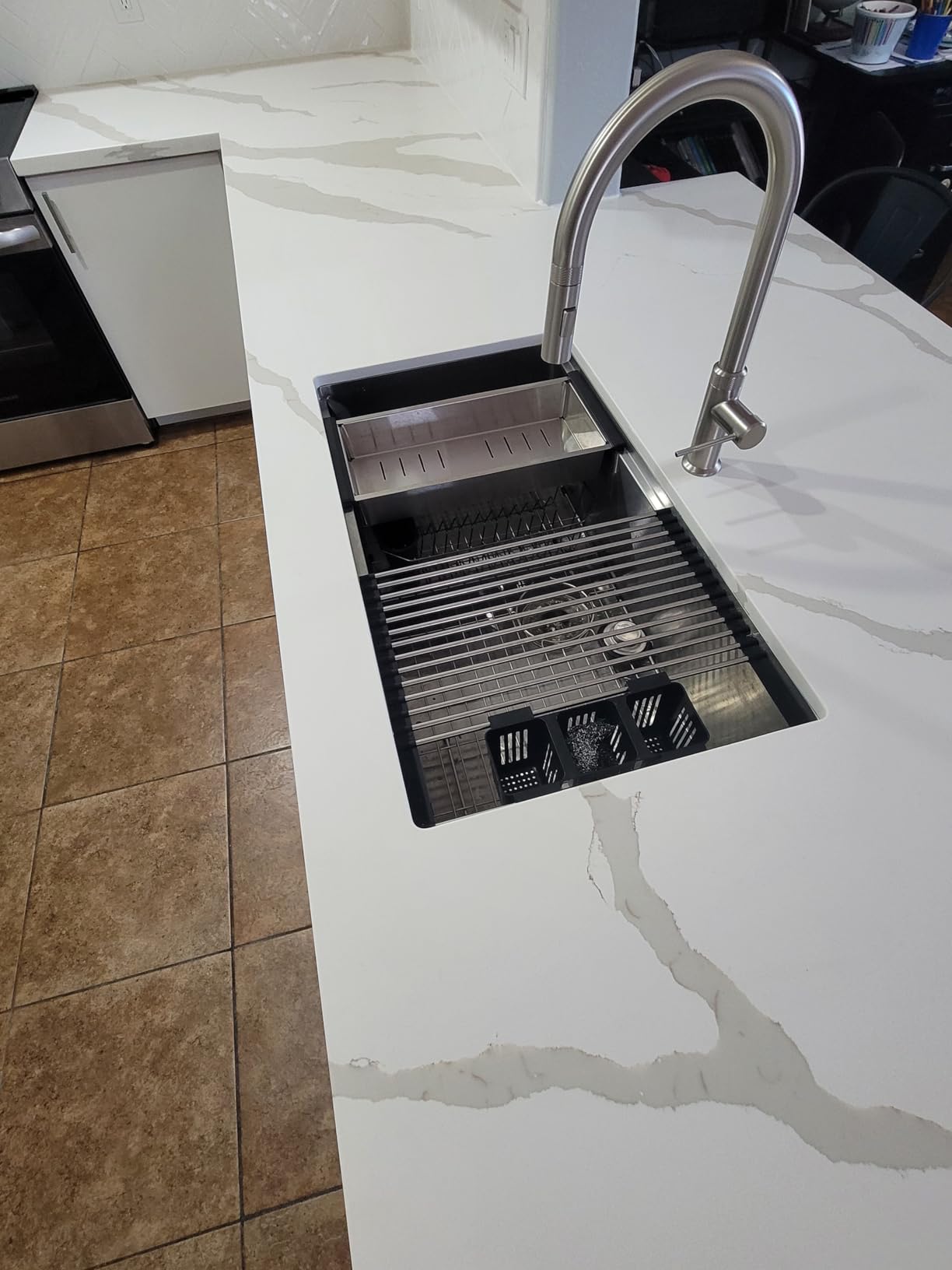 SANYCASA 30 Inch Undermount Kitchen Sink Superior Drain Kitchen Sinks 11 Gauge (3mm) Stainless Steel, Single Bowl Integrated Ledge Multifunctional Workstation Set customer photo 2