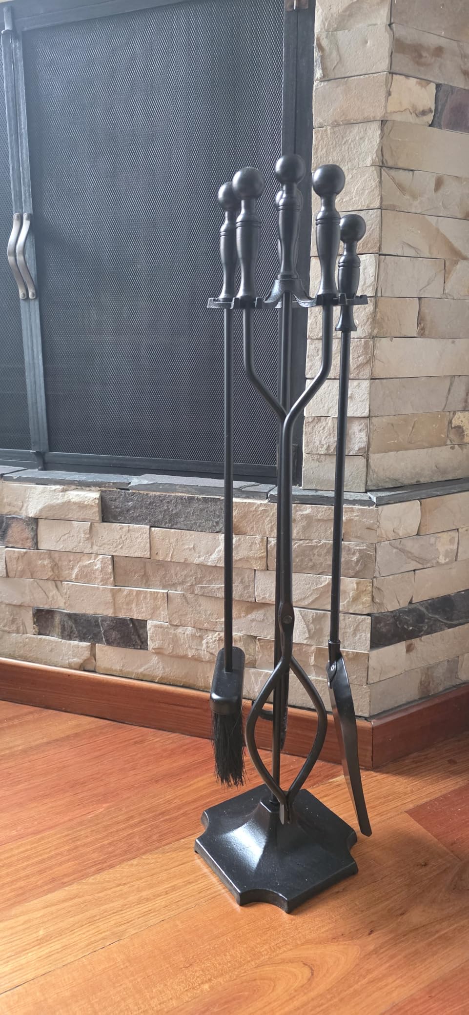 nalone 5 Pieces Fireplace Tools Set, Brass Handles Wrought Iron Fireplace Accessories Set with Poker, Tong, Shovel, Brush, Fire Place Tools Indoor Outdoor (Antique Bronze) customer photo 2