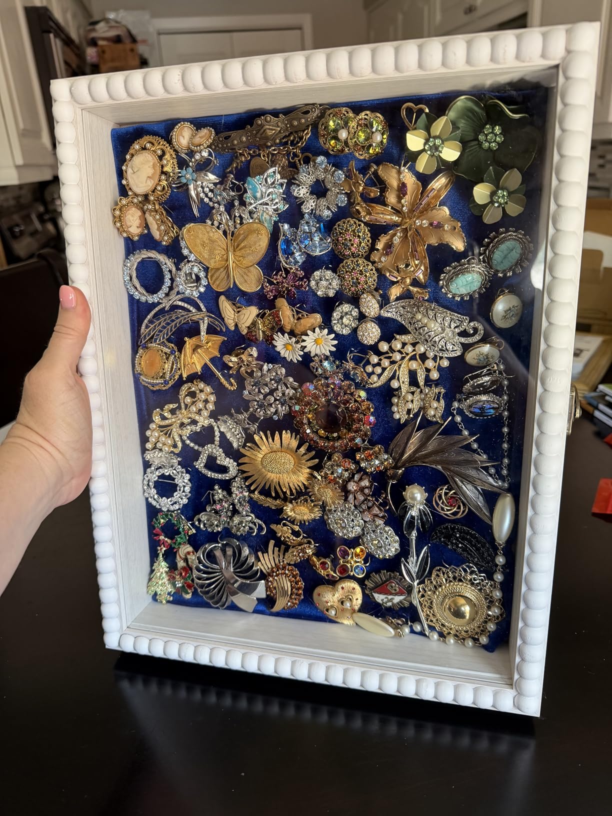 Love-KANKEI Shadow Box Frame 11x14, Deep Large Shadow Box Display Case with Unique Beads Door and Glass Window, Wood Memory Box for Pictures, Medals, Memorabilia, Collections, White customer photo 2