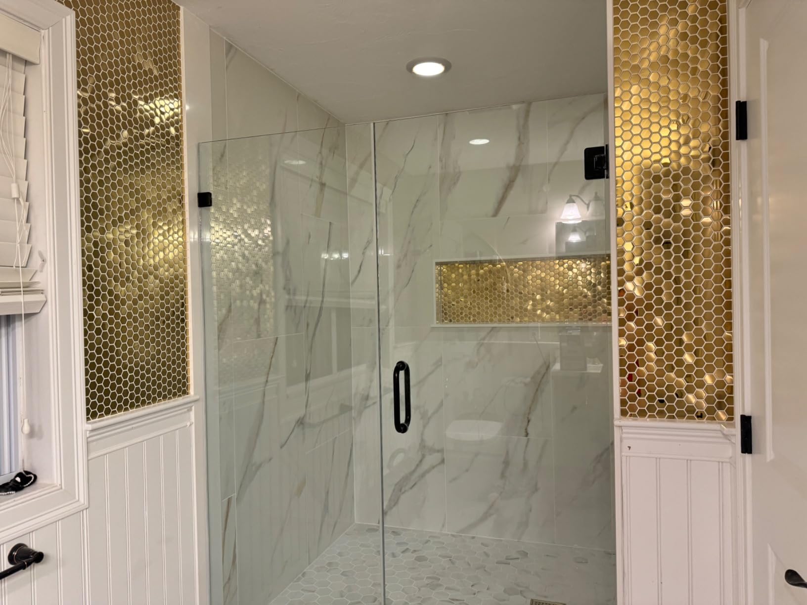 Hexagon Gold Backsplash Tiles Metal Mosaic Tile Stainless Steel Brushed/Shiny Kitchen Bathroom Backsplash Shower Floor Wall Accent Tiles (5 Square Feet) customer photo 1