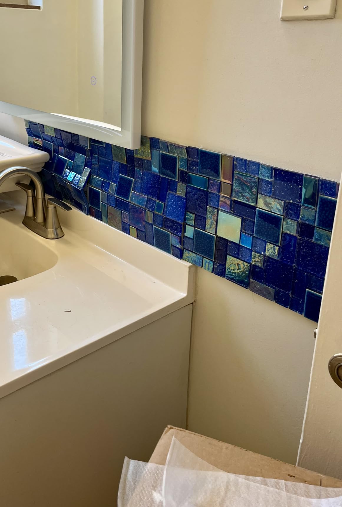 Blue Glass Mosaic Tiles French Pattern Square Mosaics Sheets Iridescent Cobalt Blue Crystal Glass Ceramic Accent Wall Tile for Swimming Pool Kitchen Bathroom Backsplash (5 Square Feet) customer photo 1