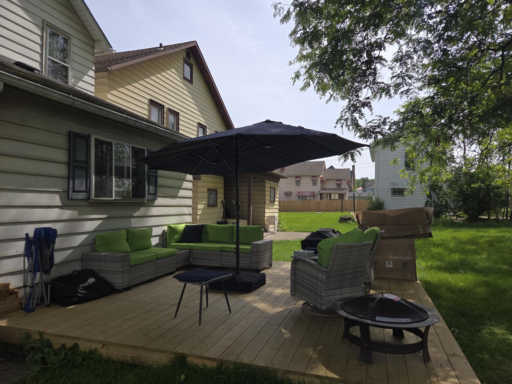 15ft Large Double Sided Patio Umbrella with 48 Solar LED Lights & Base Included, Heavy Duty Market Table Umbrella with 220gsm Fade-Resistant Canopy customer photo 1