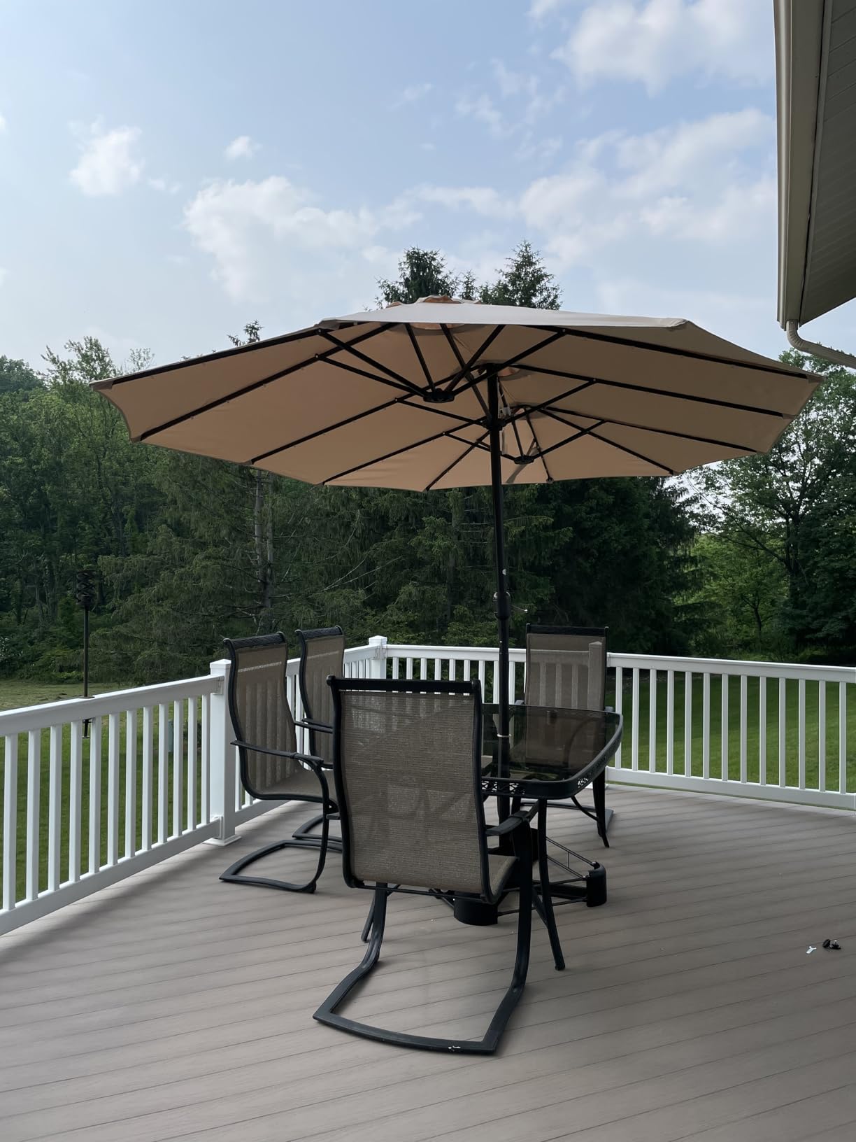 15ft Large Double Sided Patio Umbrella with 48 Solar LED Lights & Base Included, Heavy Duty Market Table Umbrella with 220gsm Fade-Resistant Canopy customer photo 2