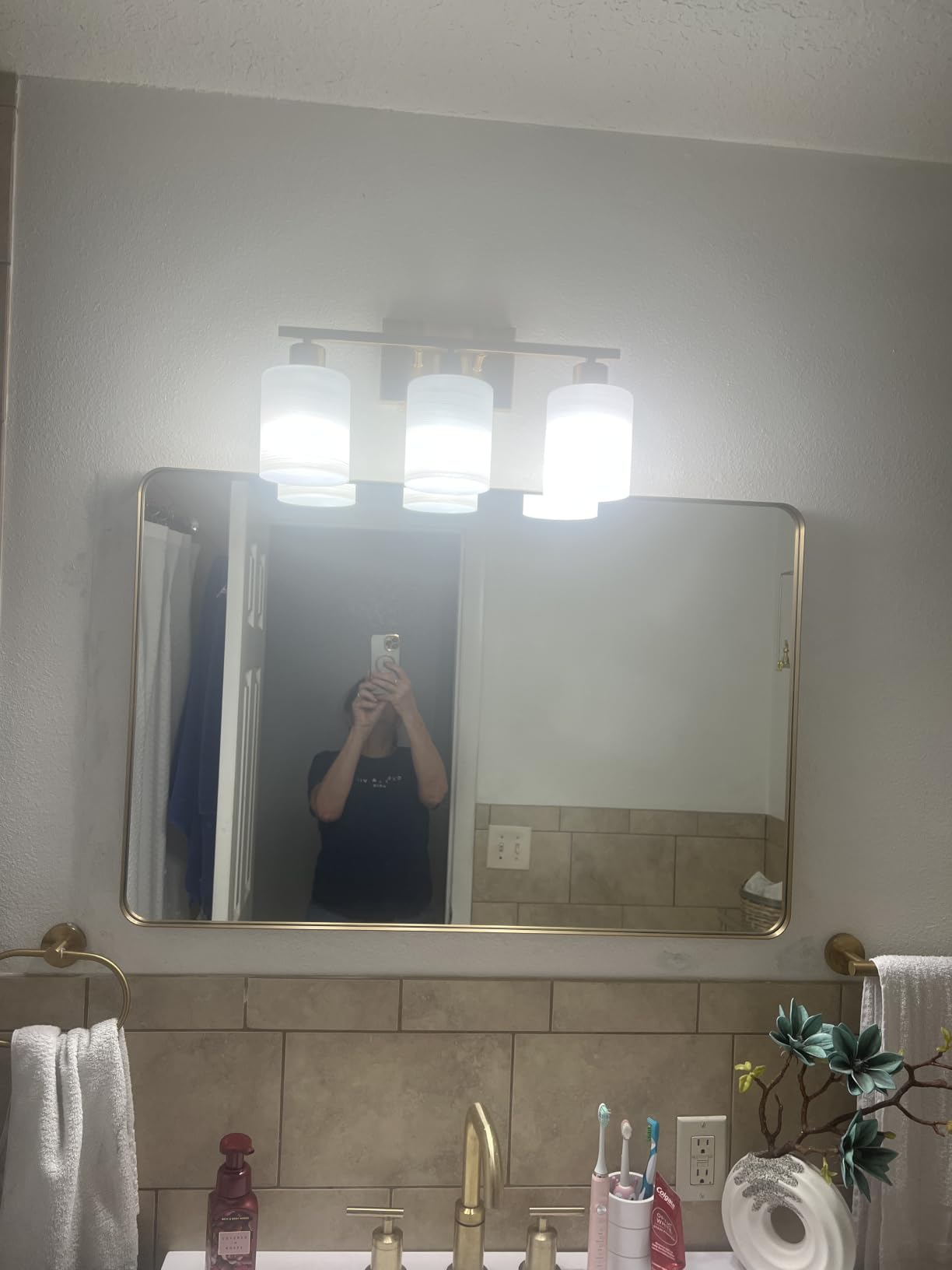 Bathroom Light Fixtures, Modern Vanity Light with Textured White Glass Shade, Brushed Gold, 3-Light customer photo 1