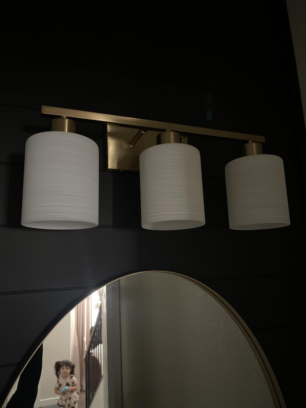 Bathroom Light Fixtures, Modern Vanity Light with Textured White Glass Shade, Brushed Gold, 3-Light customer photo 2