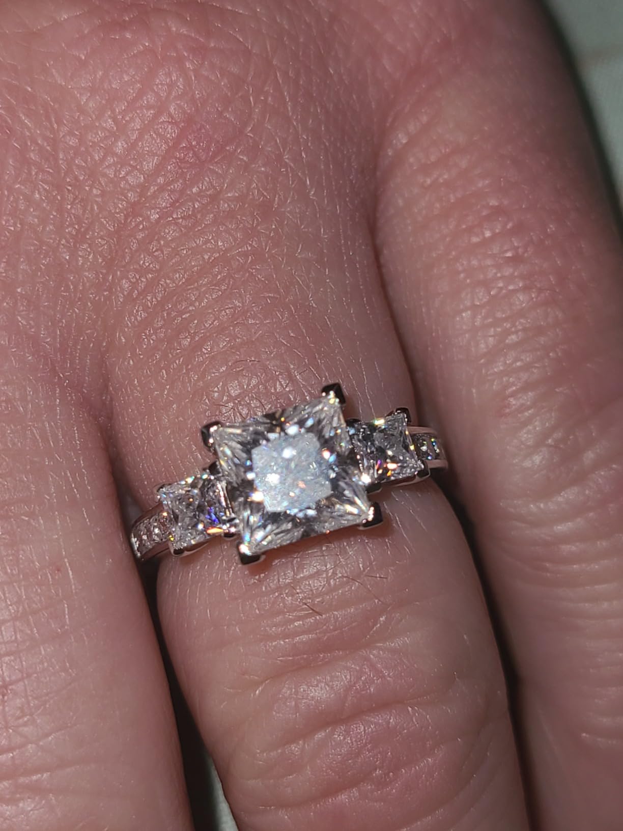 14k White Gold All Princess Cut Genuine Moissanite or Simulated Diamond Three Stones Engagement Ring 2CT Main Stone customer photo 2