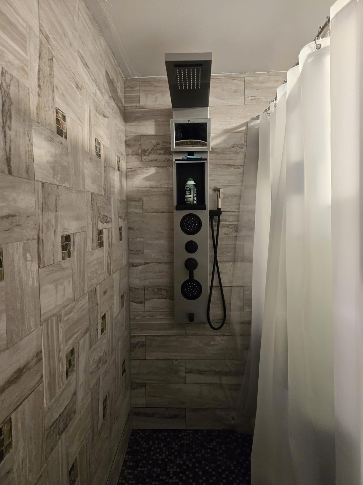 ELLO&ALLO Shower Panel System Tower with Shelf, Rainfall and Waterfall Head Rain Massage Stainless Steel Bathroom Fixtures with Adjustable Body Jets, Brushed & Black customer photo 1