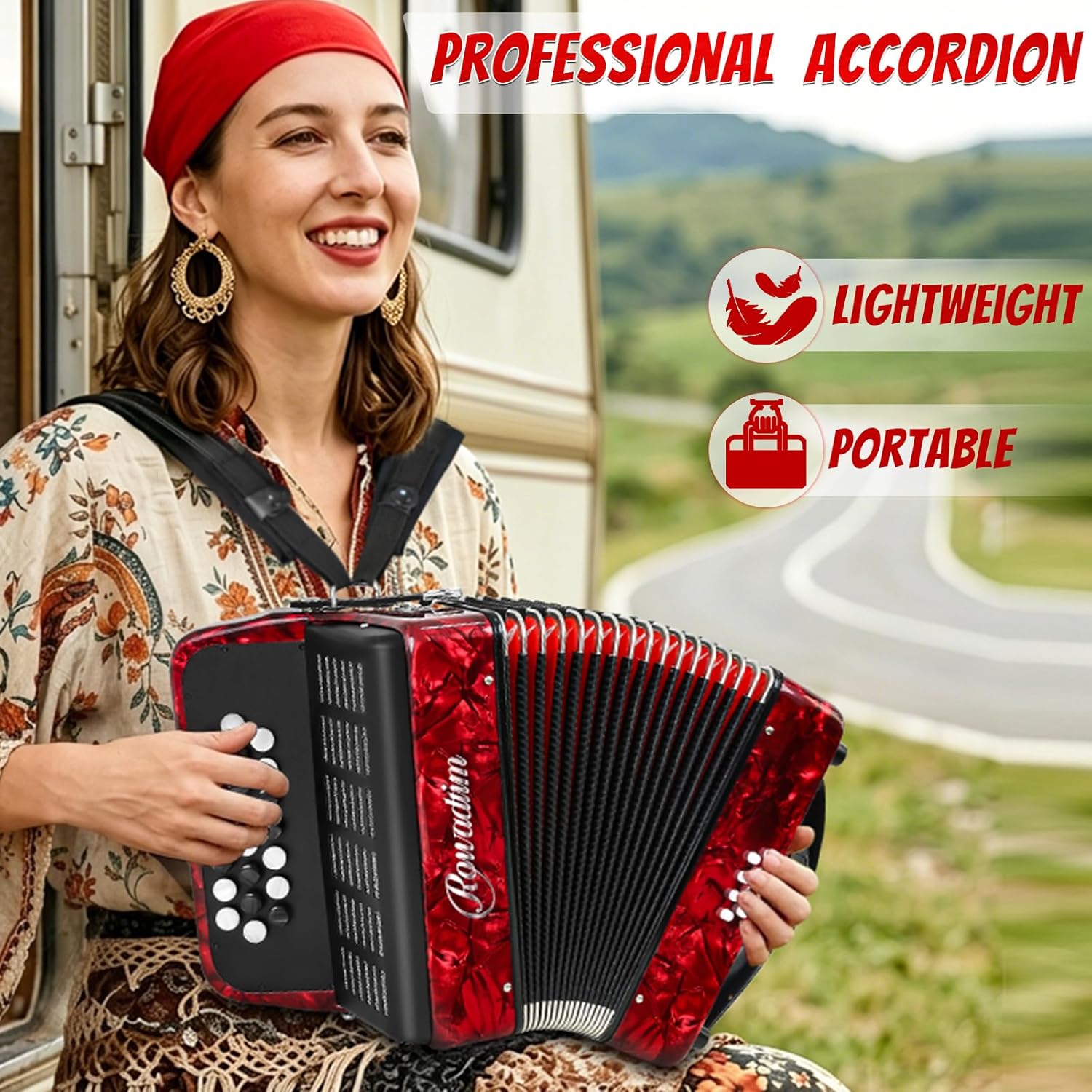 Accordions 22 Key 8 Bass Beginner Button Accordion Portable Straps (Red) customer photo 2