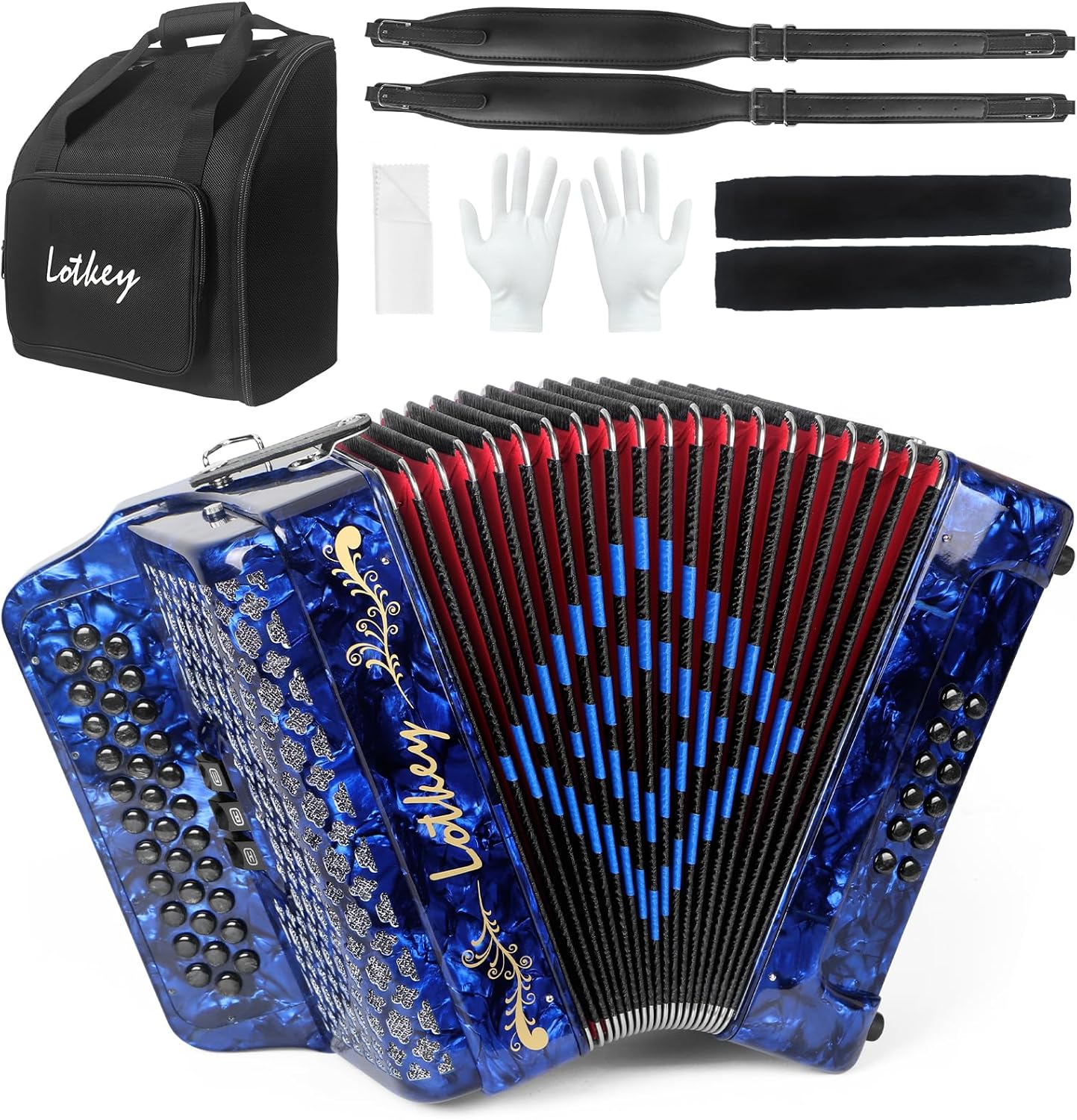 Lotkey 34 Key Diatonic Accordion, 3412 Multi Tone Celluloid Accordions GCF Blue customer photo 1