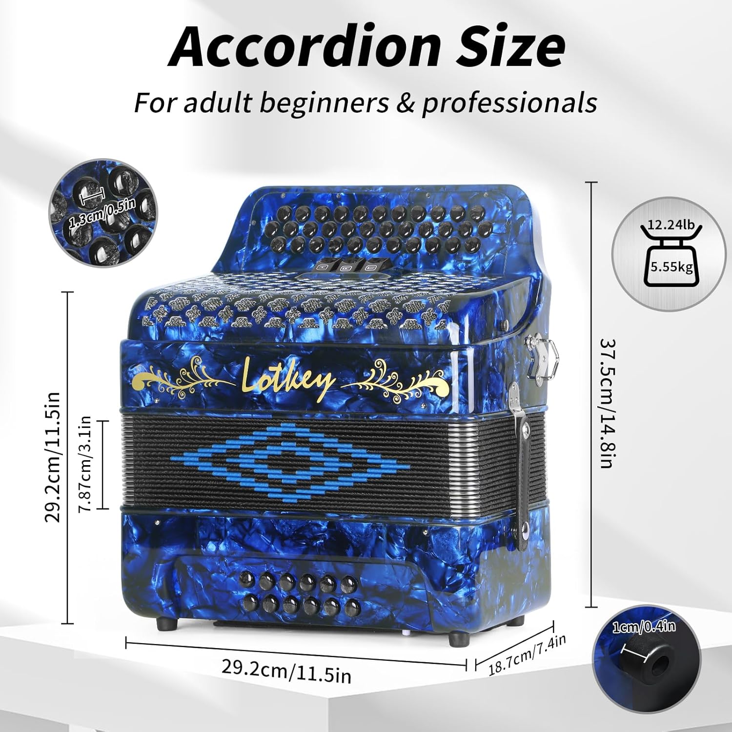 Lotkey 34 Key Diatonic Accordion, 3412 Multi Tone Celluloid Accordions GCF Blue customer photo 2