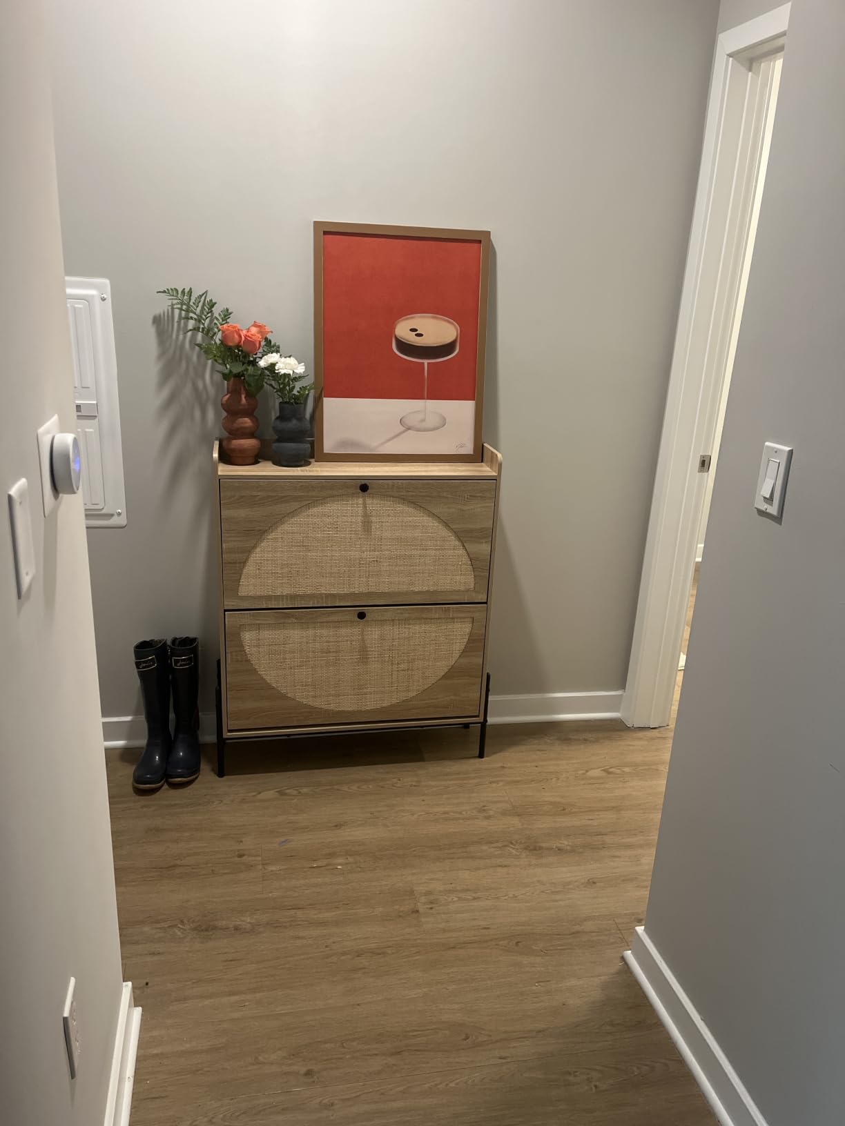 IRONCK Shoe Cabinet Storage with 2 Flip Drawers, Free Standing Wooden Shoe Storage Organizer Cabinet with Rattan Doors for Entryway, Narrow Shoe Rack Cabinet (Oak) customer photo 2