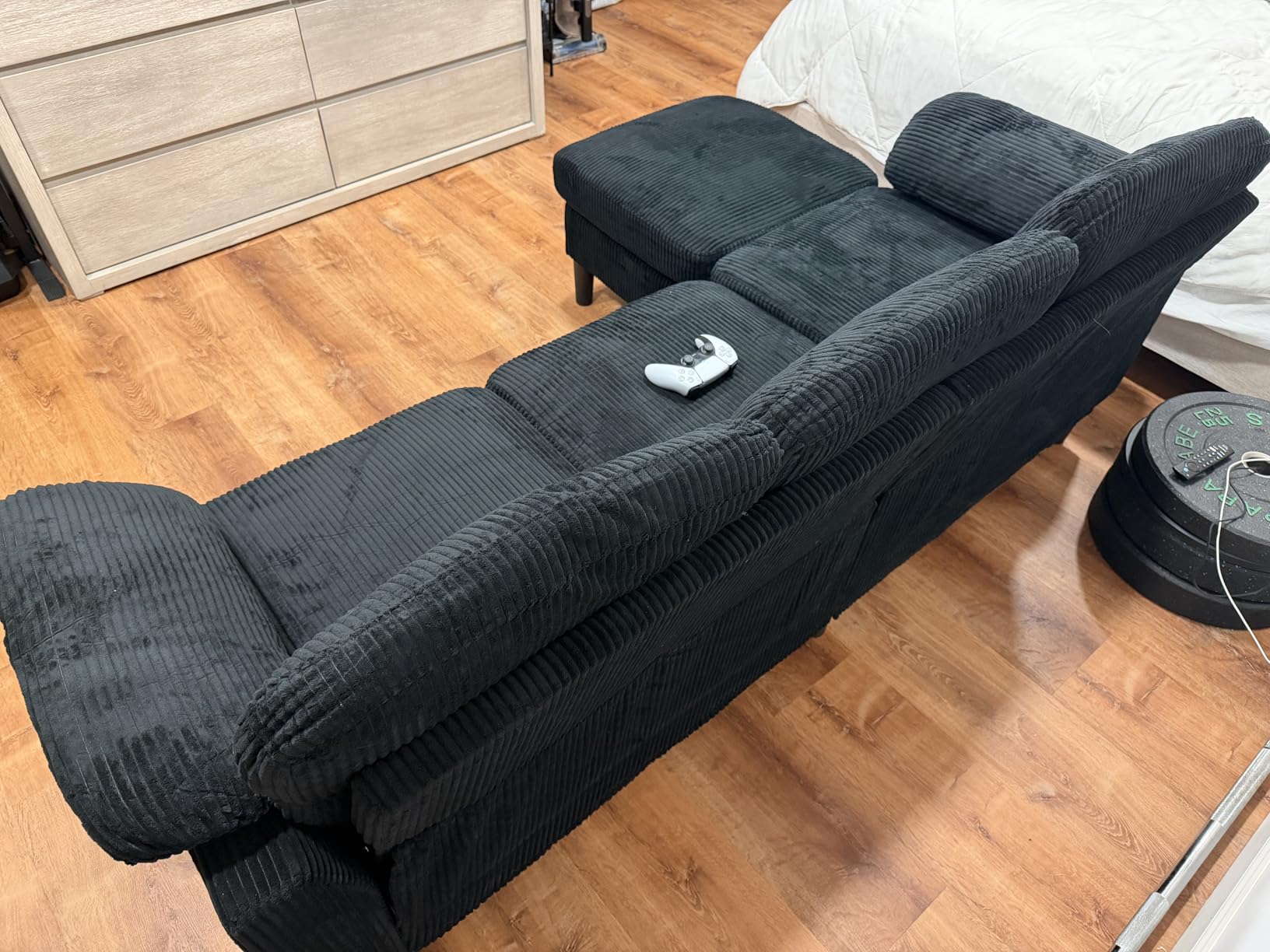 Vongrasig Convertible Sectional Couches, 3 Seat L Shaped Couch Sofa with Removable Pillows Soft Corduroy Fabric Small Couch Mid Century for Living Room, Apartment and Office, Black customer photo 2