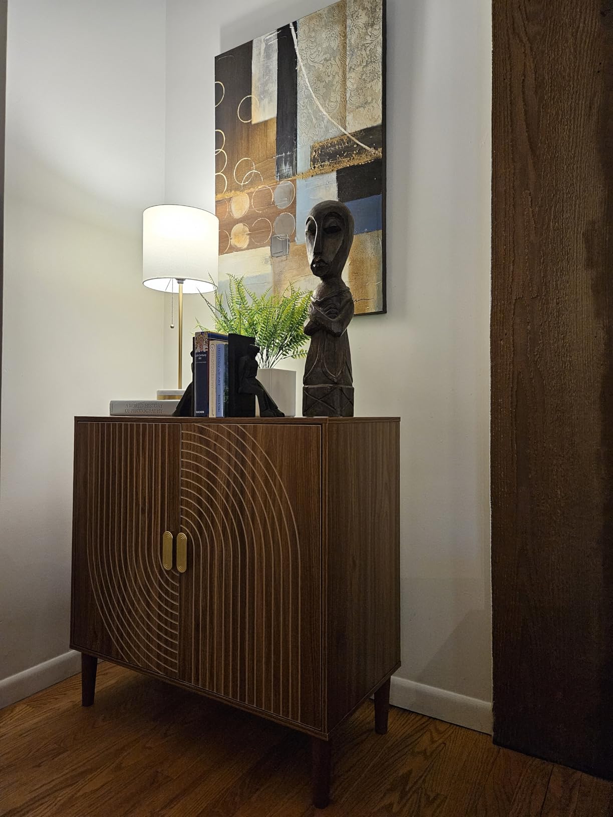 Smuxee Walnut Sideboard Cabinet, Freestanding Buffet Cabinet with Line Groove Design, Wood Storage Cabinet with Adjustable Shelf customer photo 1