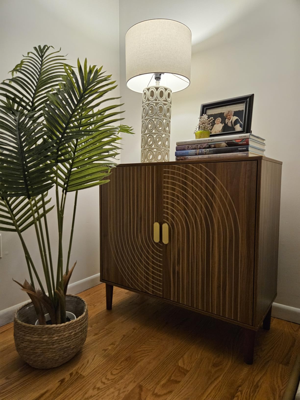 Smuxee Walnut Sideboard Cabinet, Freestanding Buffet Cabinet with Line Groove Design, Wood Storage Cabinet with Adjustable Shelf customer photo 2