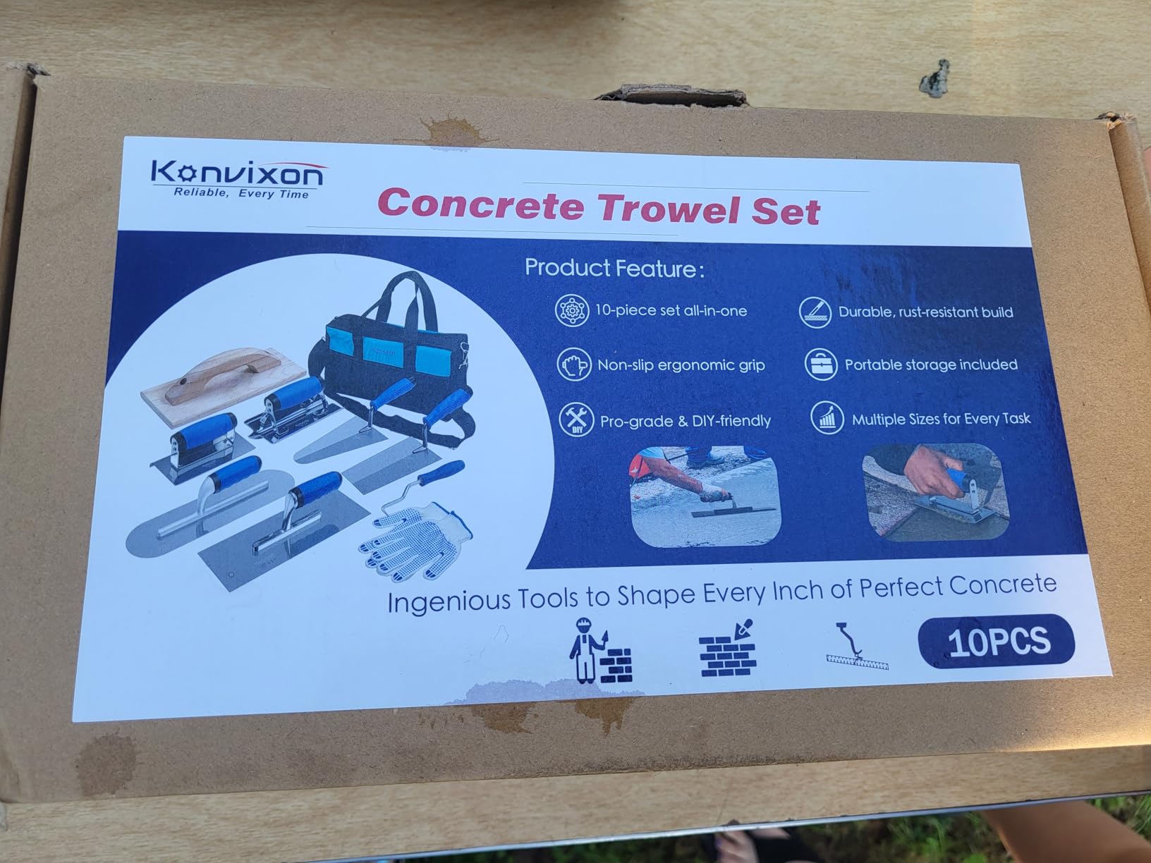 10 PCS Concrete Trowel Set, Professional Masonry Hand Tool Set | Large Flat Finishing and Pool Trowel, Wood Float, Concrete Edger and Groover, Margin Gauging, Wire Twister, Gloves & Carry Bag customer photo 2