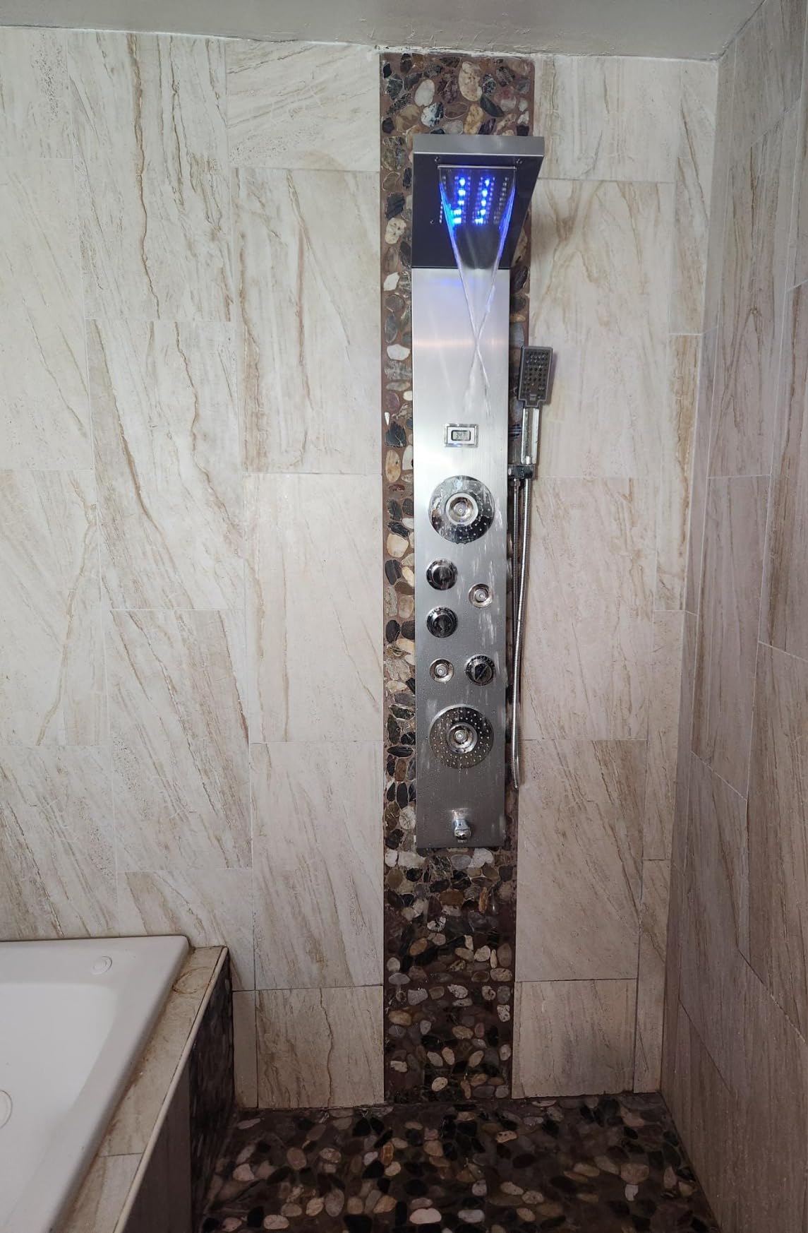 VEVOR Shower Panel Tower System with Rainfall Shower Head, 49 in Brushed Stainless Steel Shower Column, 4-Function Faucet, Wall-Mount Rain Massage System, with 4 Body Jets, Handheld, and Tub Spout customer photo 1