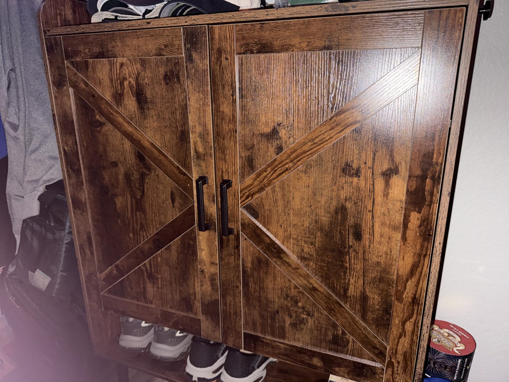 Yaheetech Shoe Storage Cabinet with Doors, Farmhouse Shoe Cabinet with 2 Adjustable Shelves and 4 Side Hooks, Wooden Shoe Rack Organizer Cabinet for Entryway, Foyer, Hallway (Rustic Brown) customer photo 2