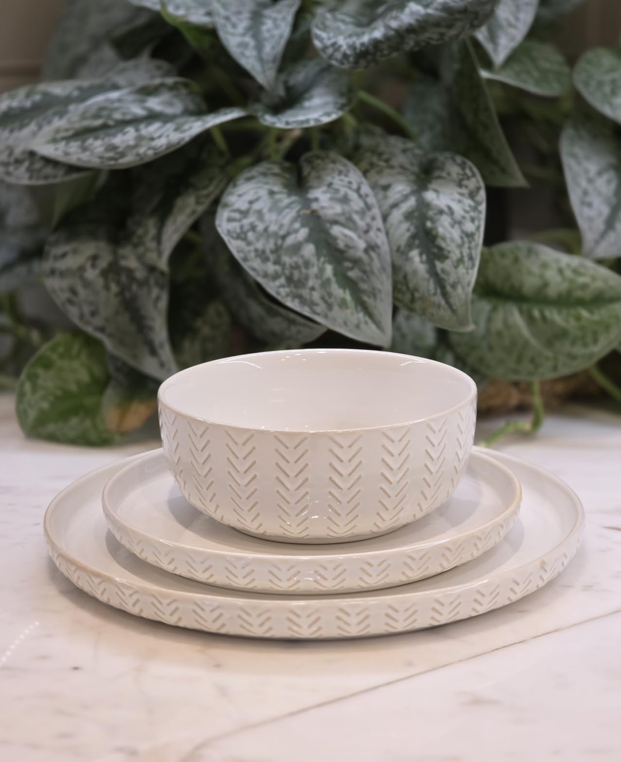 24 Piece Dinnerware Sets for 8 - Farmhouse Style Stoneware Plates and Bowls Sets - Scratch Resistant & Dishwasher Safe, Embossed Boho Ceramic Dish Set, Stack Compactly Dishware - Vintage White customer photo 2