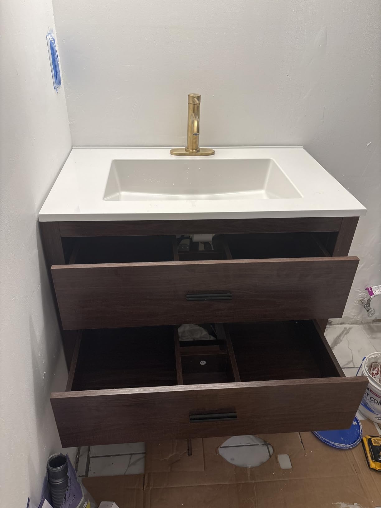 48 Inch Bathroom Vanity with Sink, Farmhouse Storage Cabinet with Drawers & Open Storage Shelf, Fully-Assembled, Soft-Closing Drawers and Adjustable Feet, Walnut customer photo 2