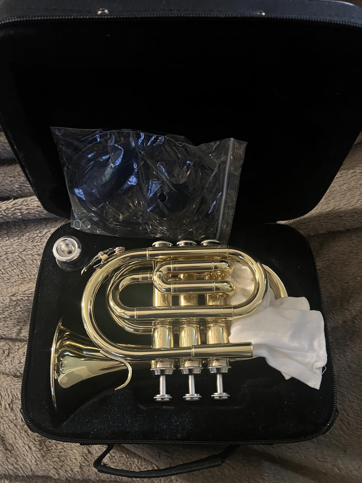 SONICAKE Pocket Trumpet for Beginners Students - Nickel Plated Bb Flat Mini Brass Trumpet Full Kit with 7C Mouthpiece, Hard Case, Gloves & Cleaning Kit QPT-02 (Nickel) customer photo 2