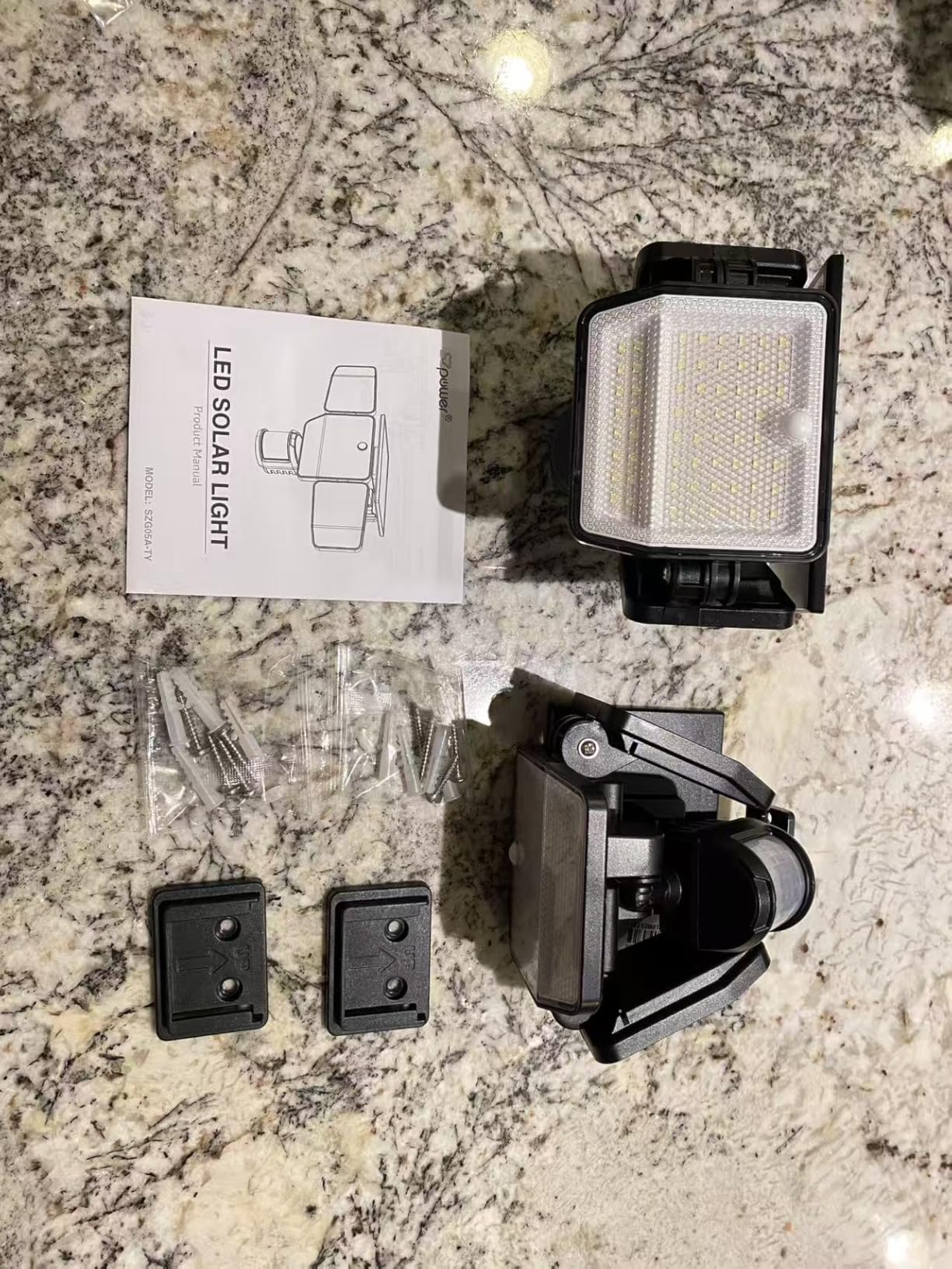 6000LM Solar Lights Outdoor, 4 Heads Motion Sensor Outdoor Lights, Solar Flood Lights for Yard House Outside Garage, IP65 Waterproof, 3 Modes, Easy Install (2 Pack) customer photo 1