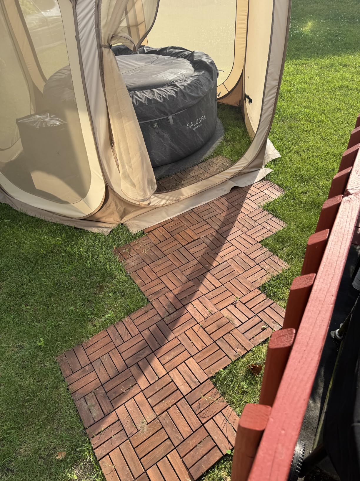 9-Piece Acacia Wood Interlocking Deck Tiles, Golden Teak Striped | Natural Acacia Wood, Raised Base Drainage, Non-Slip Grip, 490 lb Capacity, Oil-Rubbed Finish, Easy Clean, Tool-Free customer photo 1