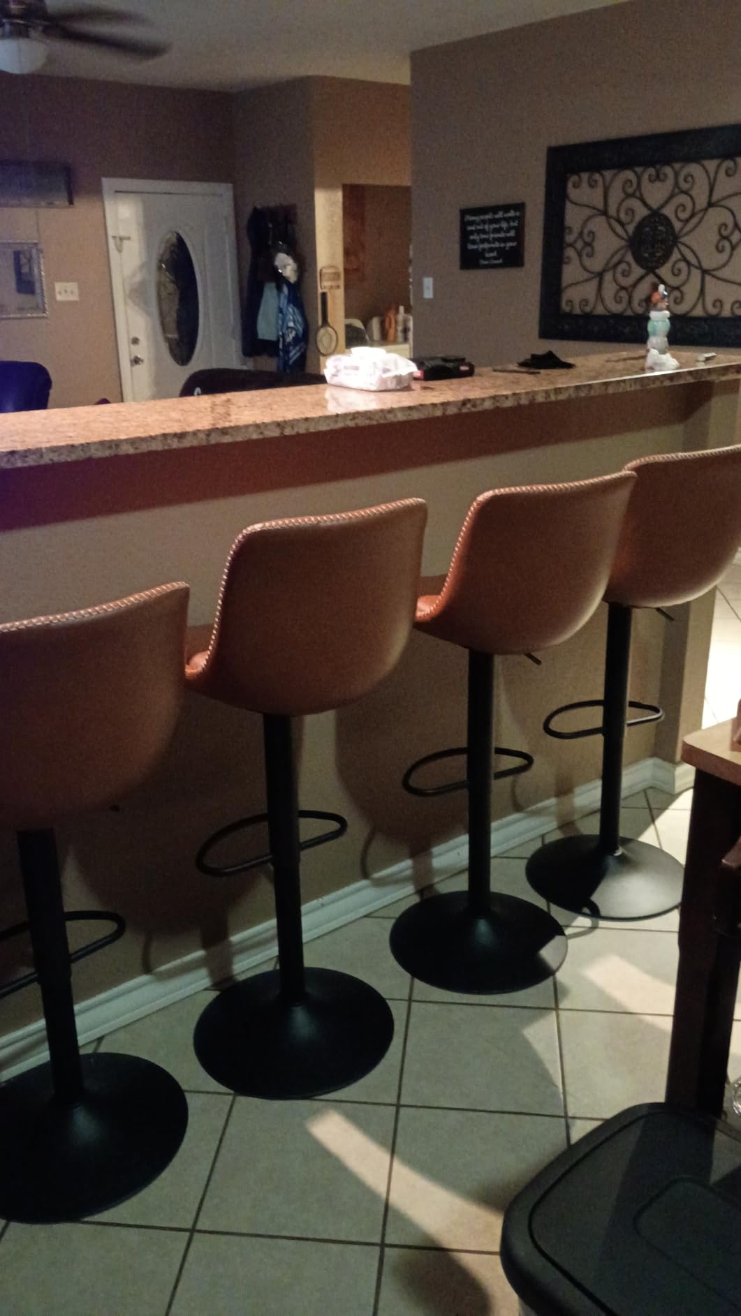 VASAGLE Bar Stools Set of 4, Adjustable Height Swivel Barstools with Ergonomic Backrest, Synthetic Leather, Larger Metal Base, Modern Tall Bar Chairs for Kitchen Island, Caramel Brown customer photo 1