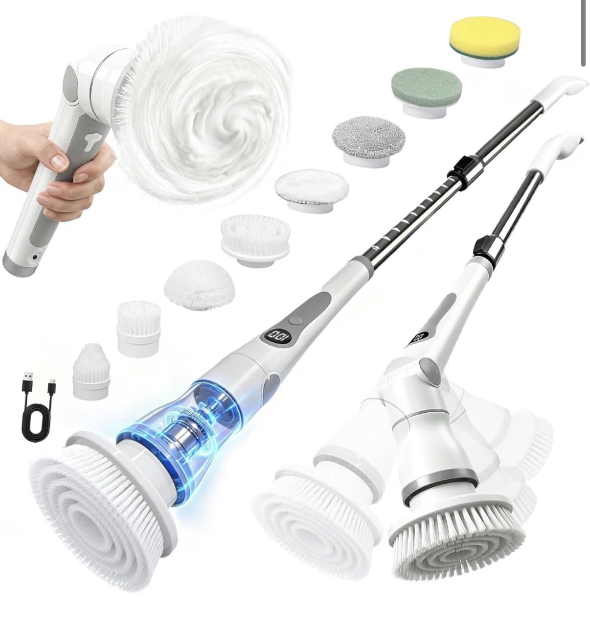 Electric Spin Scrubber, Cordless Shower Scrubber with 8 Replaceable Brush Heads, Adjustable Long Handle Bathroom Scrubber, 3 Speeds LED Display, IPX7 Waterproof Cleaning Brush for Bathtub Tile Floor customer photo 1