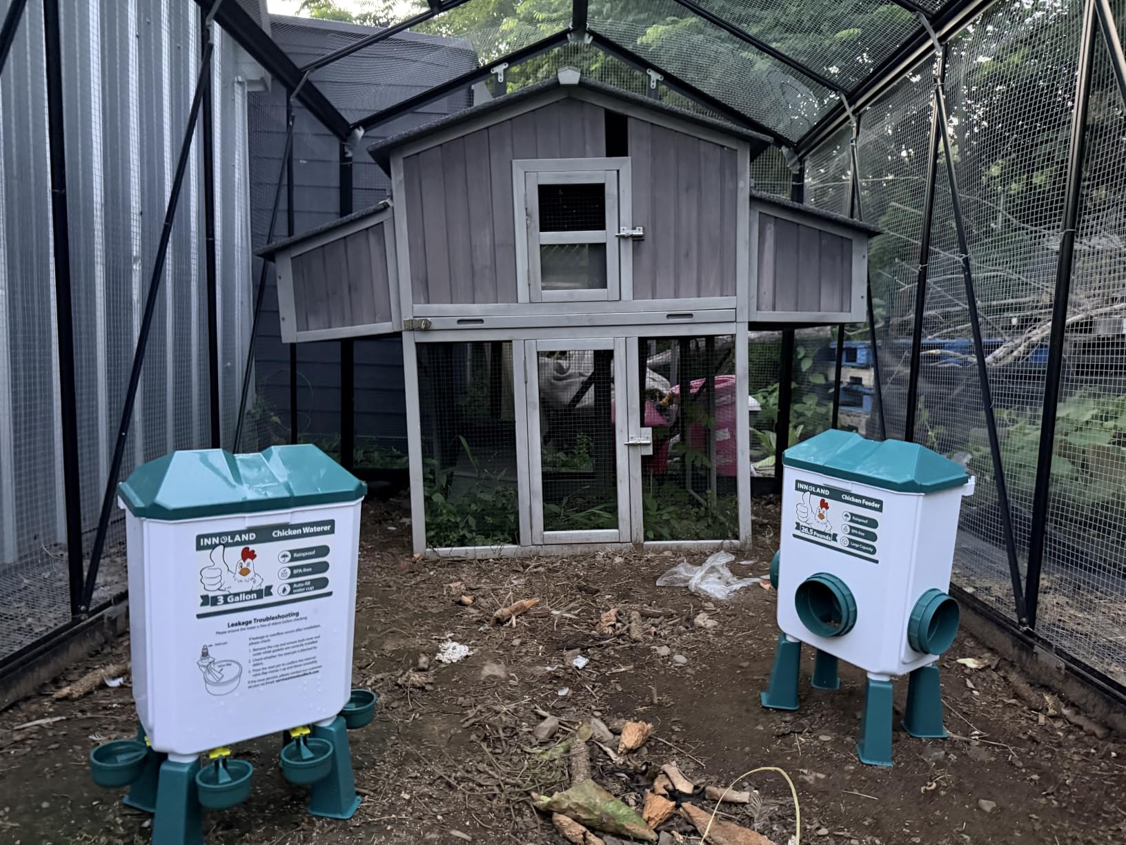 INNOLAND Chicken Feeder and Waterer Set - 3 Gallon/26.5 Pounds | Automatic Chicken Waterer, 4 Cups & 4 Feeder Ports, No Waste Poultry Feeders & Waterers, Chicken Coop Accessories for Poultry customer photo 1