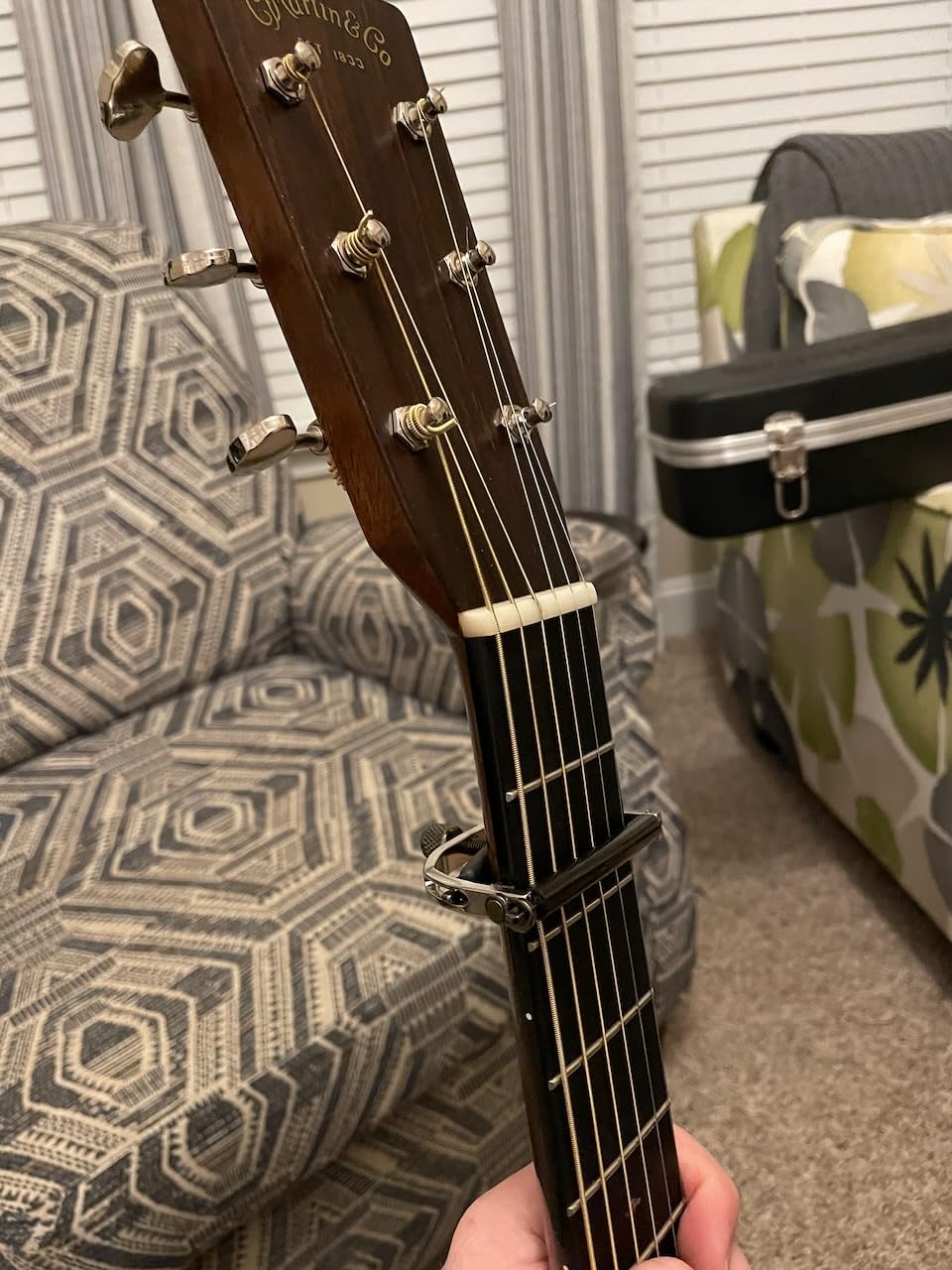 Paige 6-String Acoustic Guitar Capo, Smokey Black Finish | Handmade in the USA, Adjustable Screw and Direct Center Tension Saddle, Radiused Bar, Secure Latch, Felt-Lined Protection customer photo 1