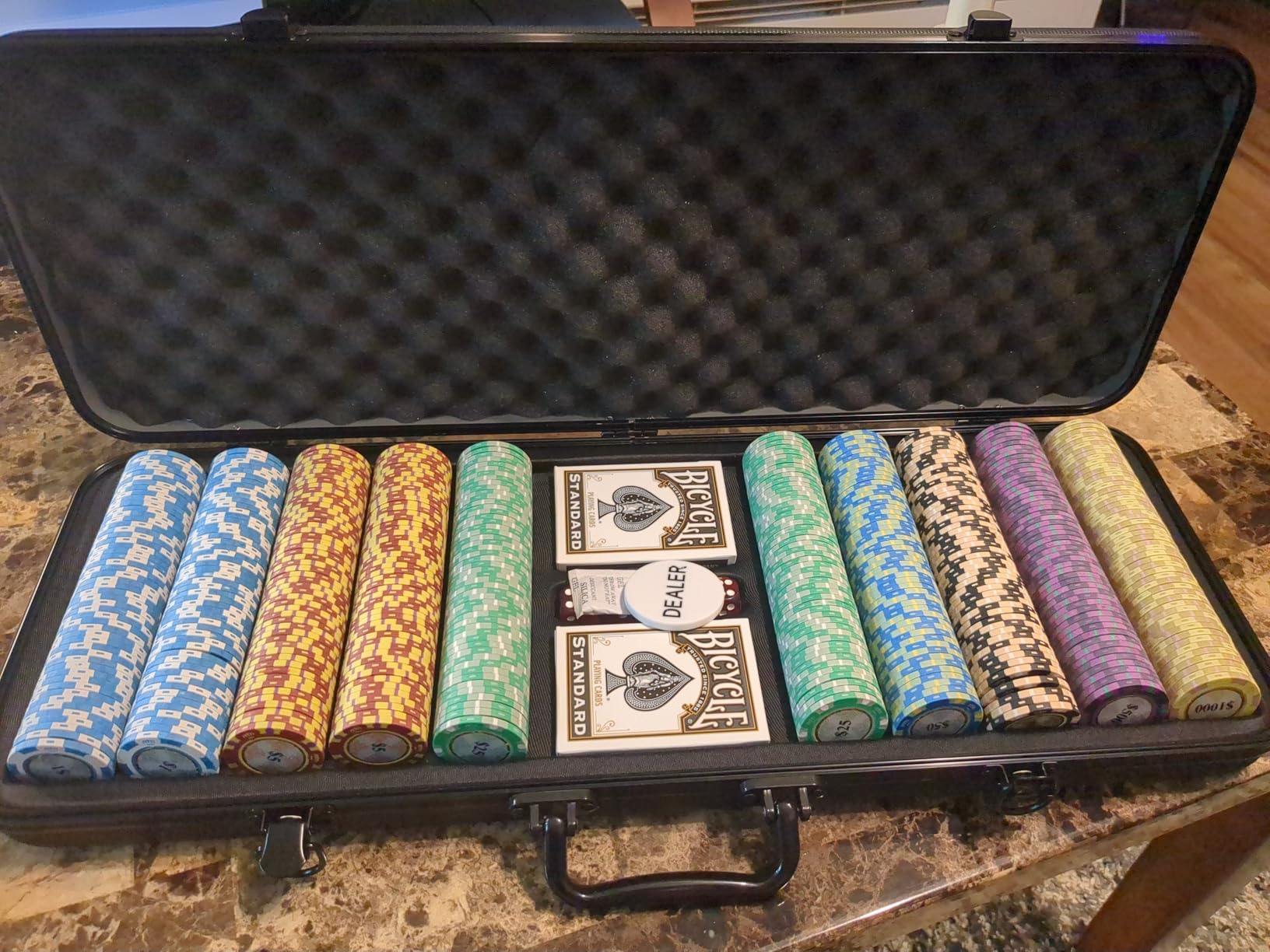 Versa Games Poker Chip Set - Casino Grade 13.5g Poker Chips, 7 Color Chip Denomination - 2 Decks of Cards, Dice, Dealer Button 13.5g Clay Monte Carlo Poker Chips Set customer photo 1