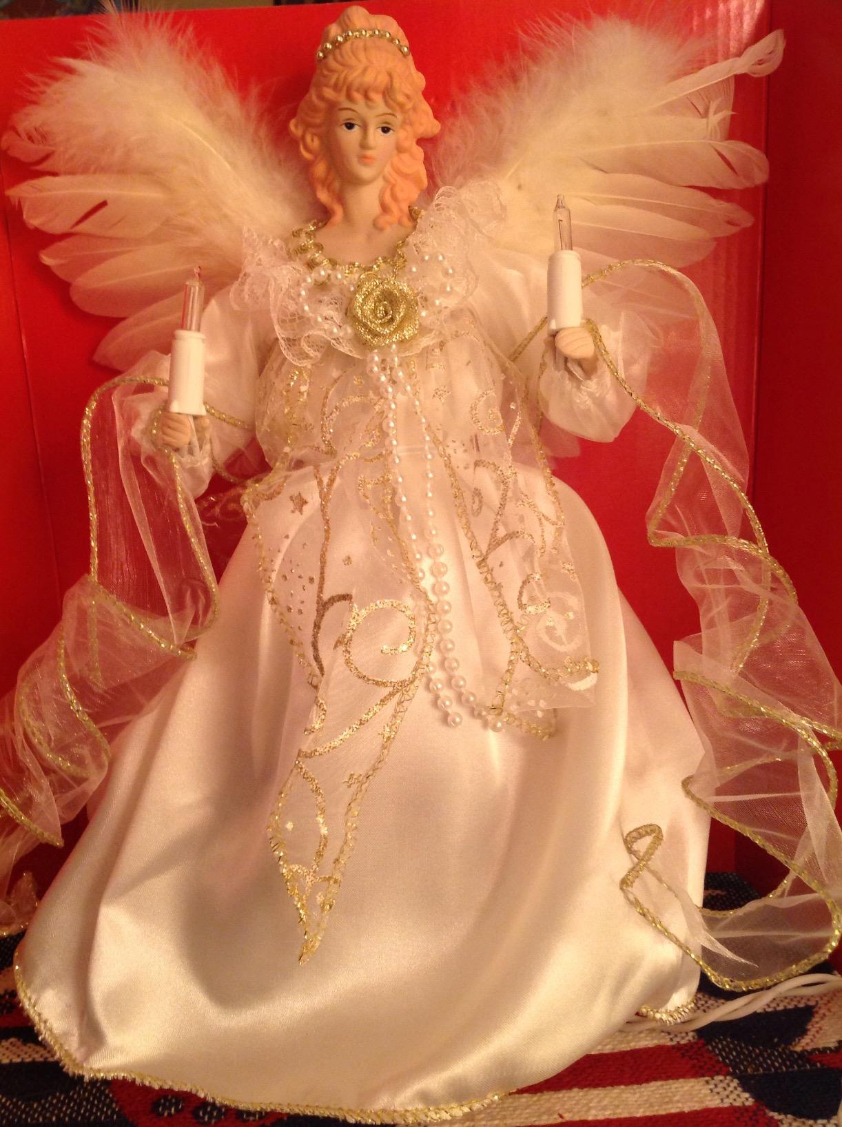 Kurt Adler 10-Light Angel Tree Topper, Ivory and Gold, 12in | Ivory Gown, Gold Detailing, 10 Clear Lights, Feathered Wings, Illuminated Candles, 30in Lead Wire, Spare Parts customer photo 1