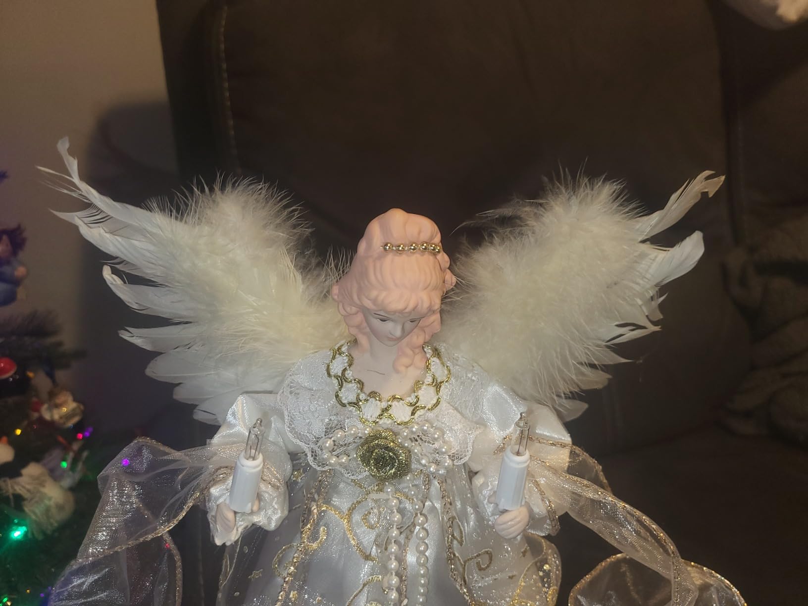 Kurt Adler 10-Light Angel Tree Topper, Ivory and Gold, 12in | Ivory Gown, Gold Detailing, 10 Clear Lights, Feathered Wings, Illuminated Candles, 30in Lead Wire, Spare Parts customer photo 2
